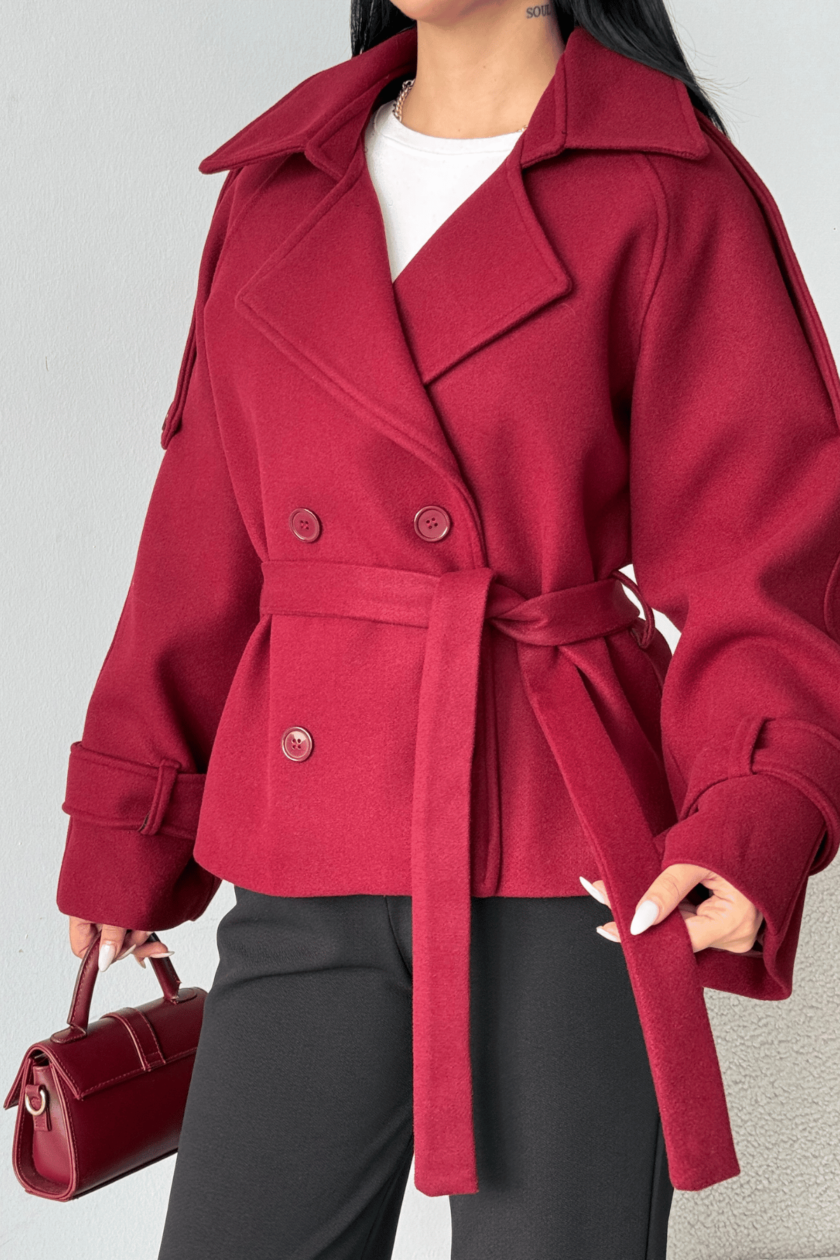 İthal Kaşe Kumaş Kısa Kaban - BORDO