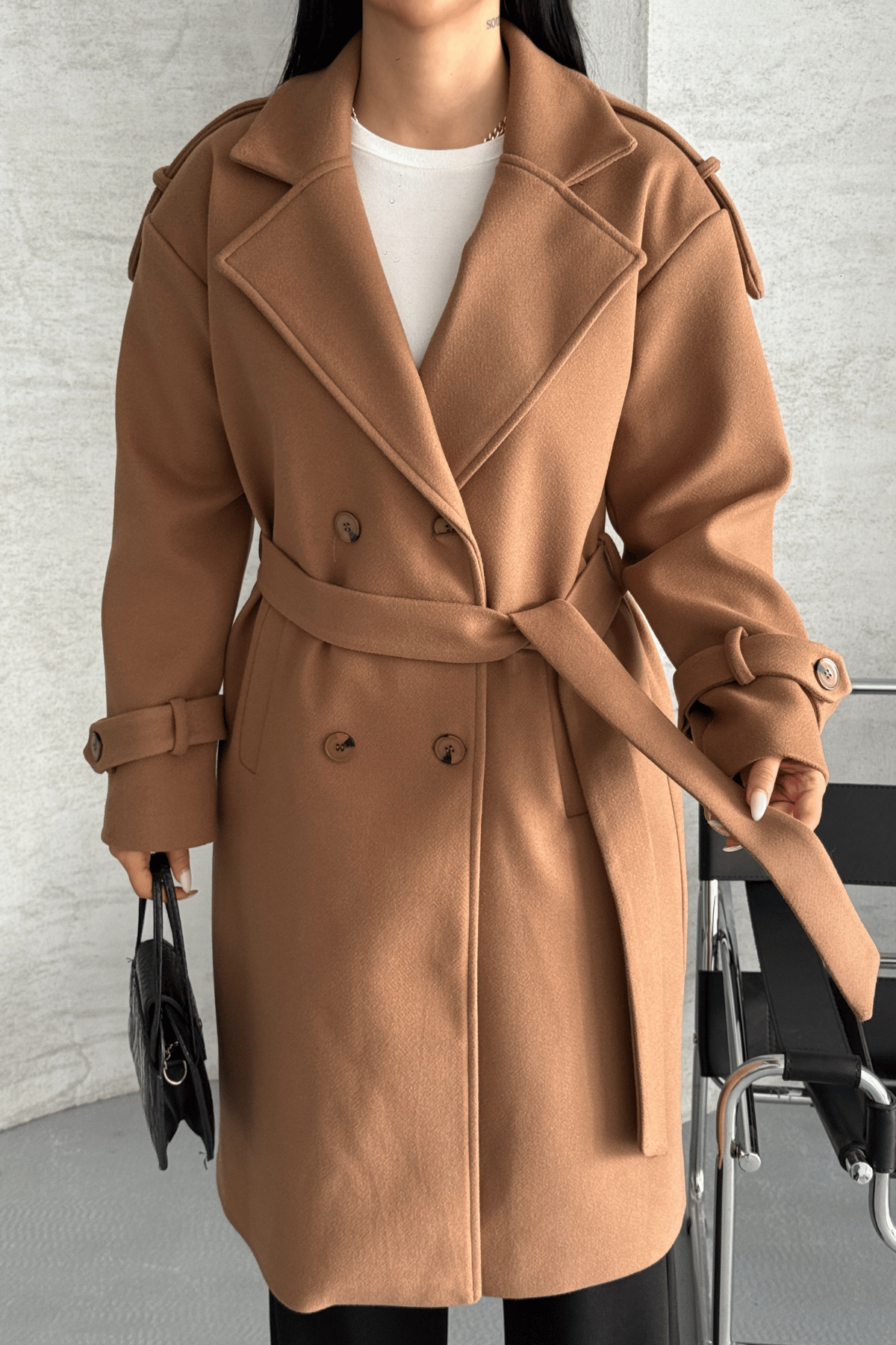 İthal Kaşe Kumaş Uzun Kaban - AÇIK KAHVE