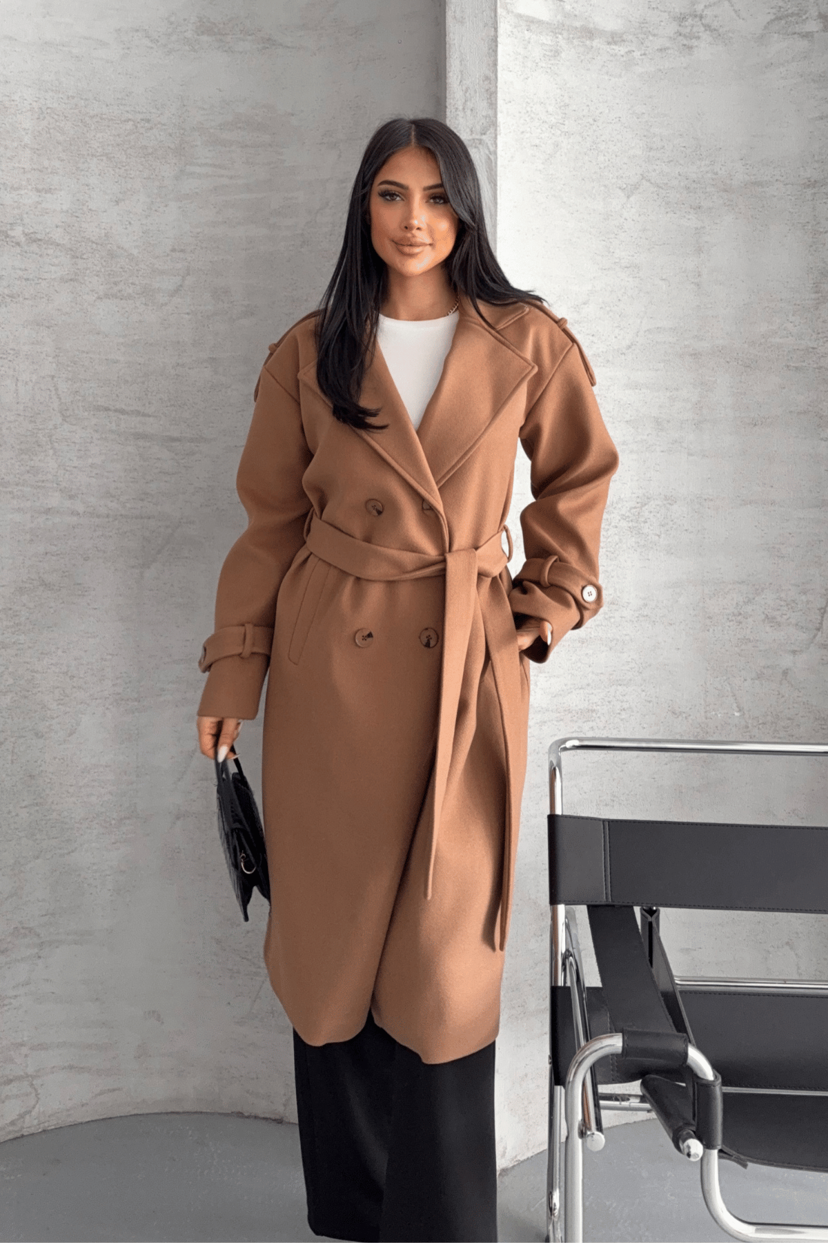 İthal Kaşe Kumaş Uzun Kaban - AÇIK KAHVE