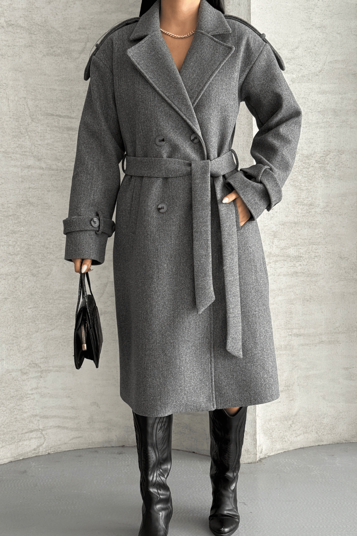 İthal Kaşe Kumaş Uzun Kaban - GRİ