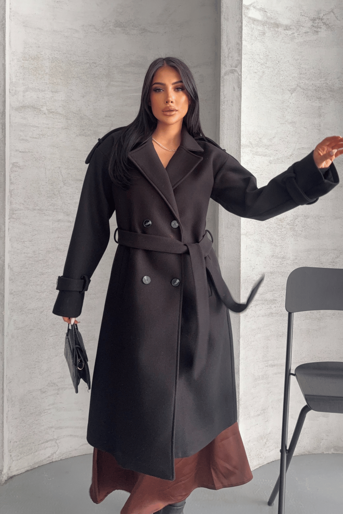 İthal Kaşe Kumaş Uzun Kaban - SİYAH