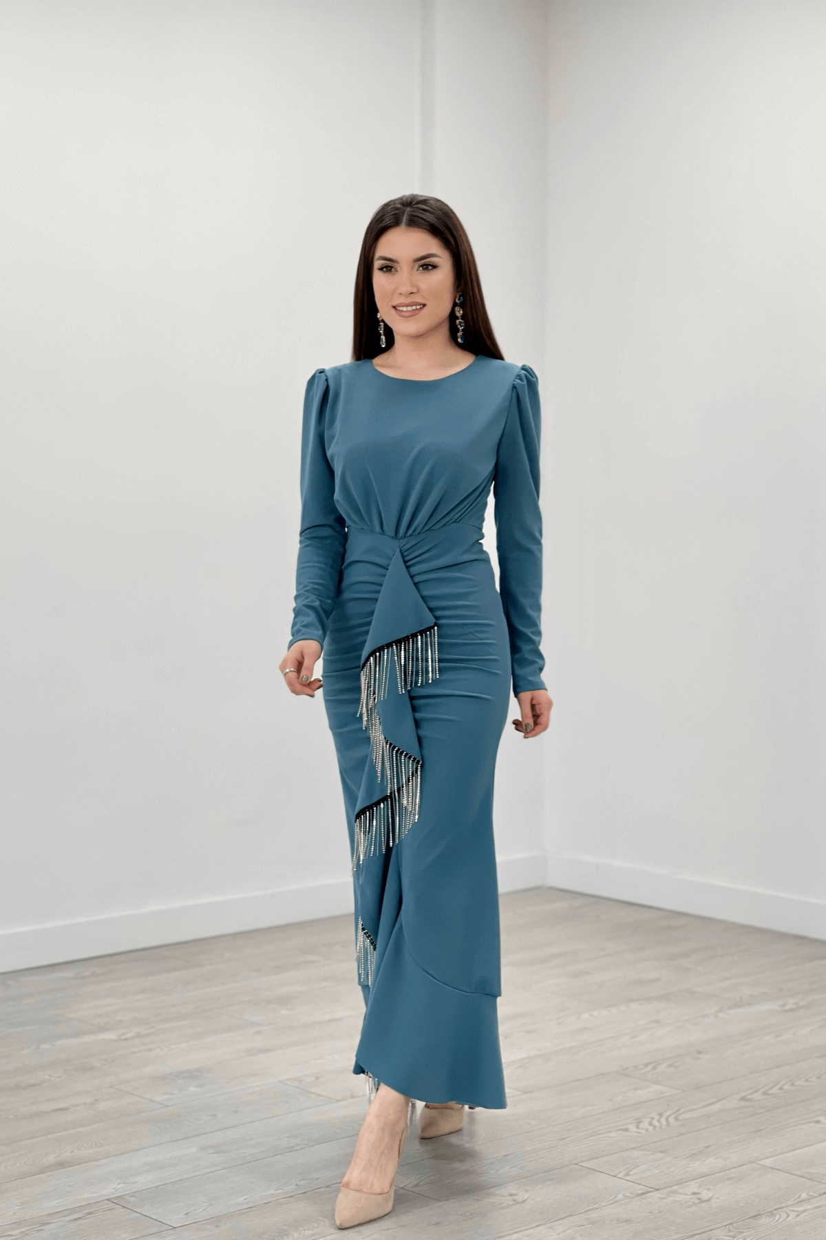 Stone Tassel Detailed Evening Dress - WATER GREEN