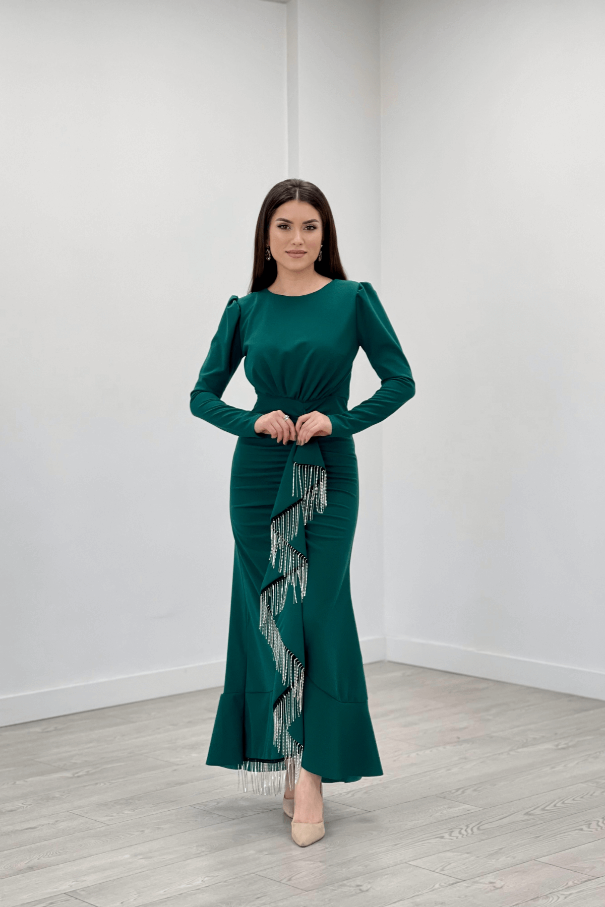 Stone Tassel Detailed Evening Dress - EMERALD GREEN