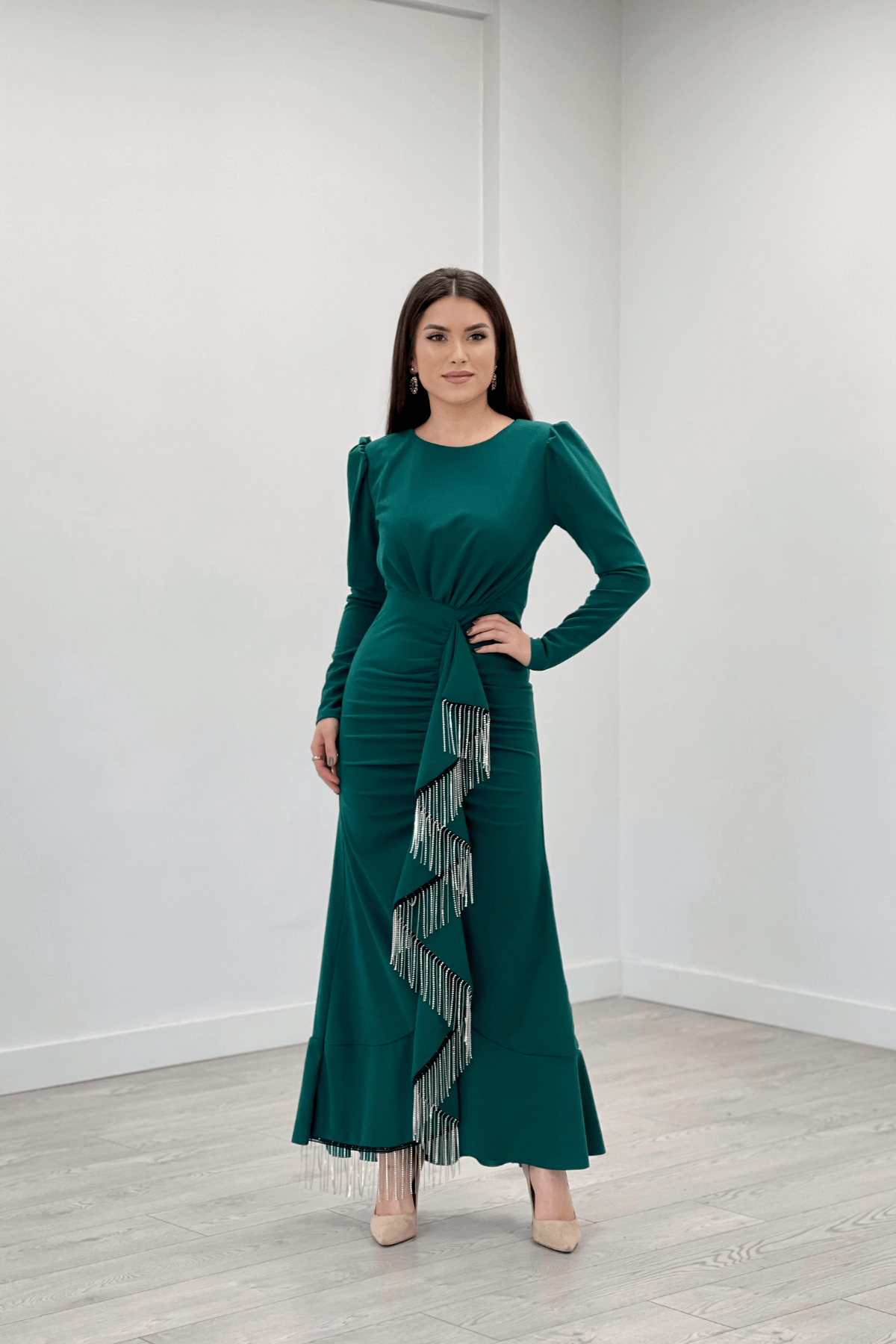 Stone Tassel Detailed Evening Dress - EMERALD GREEN