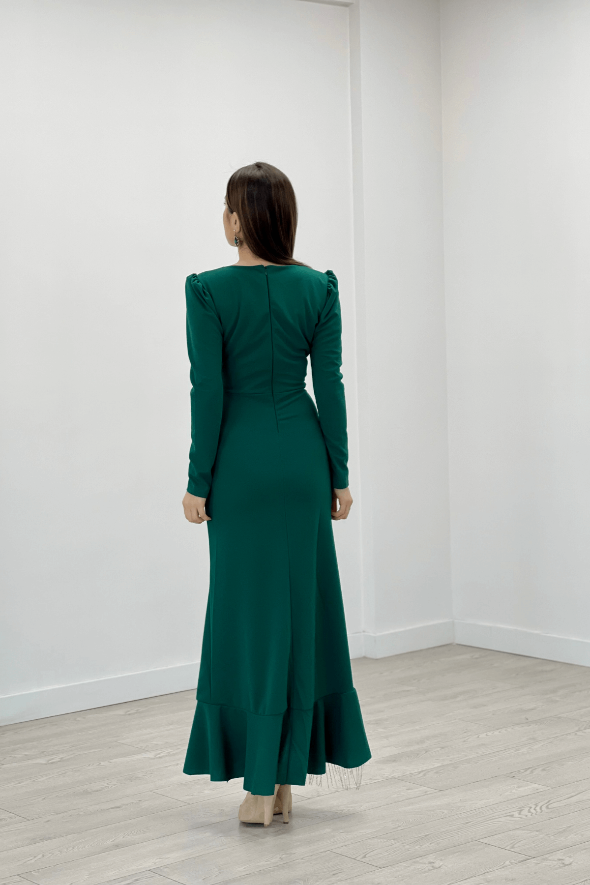 Stone Tassel Detailed Evening Dress - EMERALD GREEN