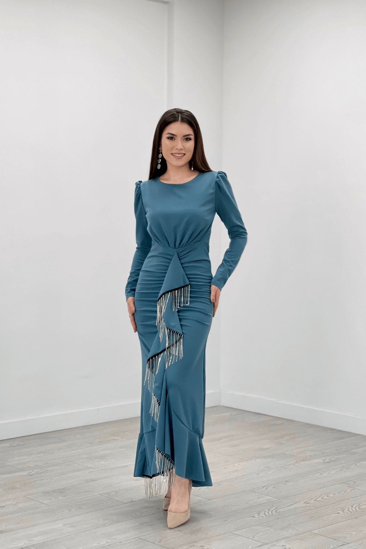 Stone Tassel Detailed Evening Dress - WATER GREEN