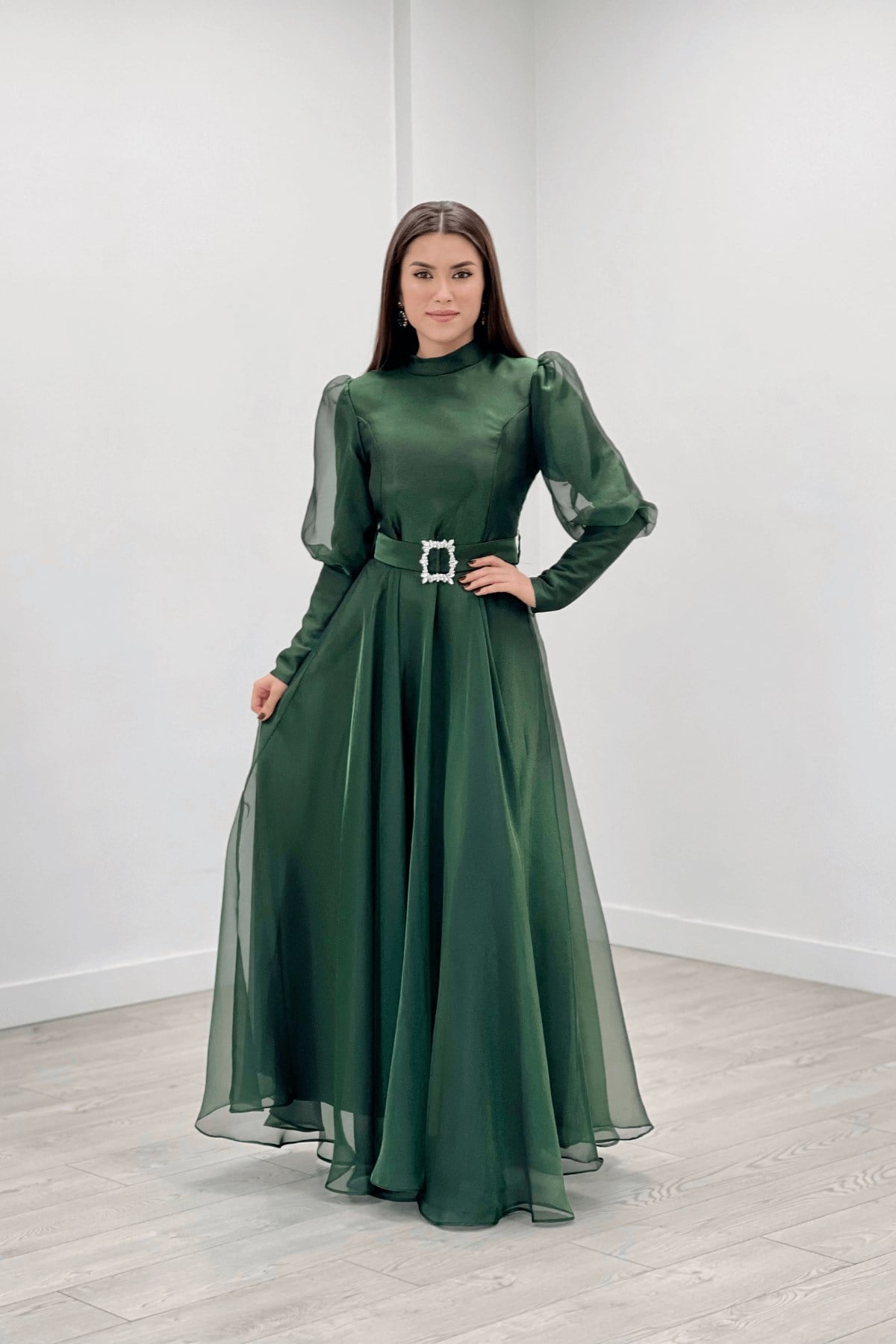 Imported Organza Crepe Fabric Evening Dress - EMERALD GREEN