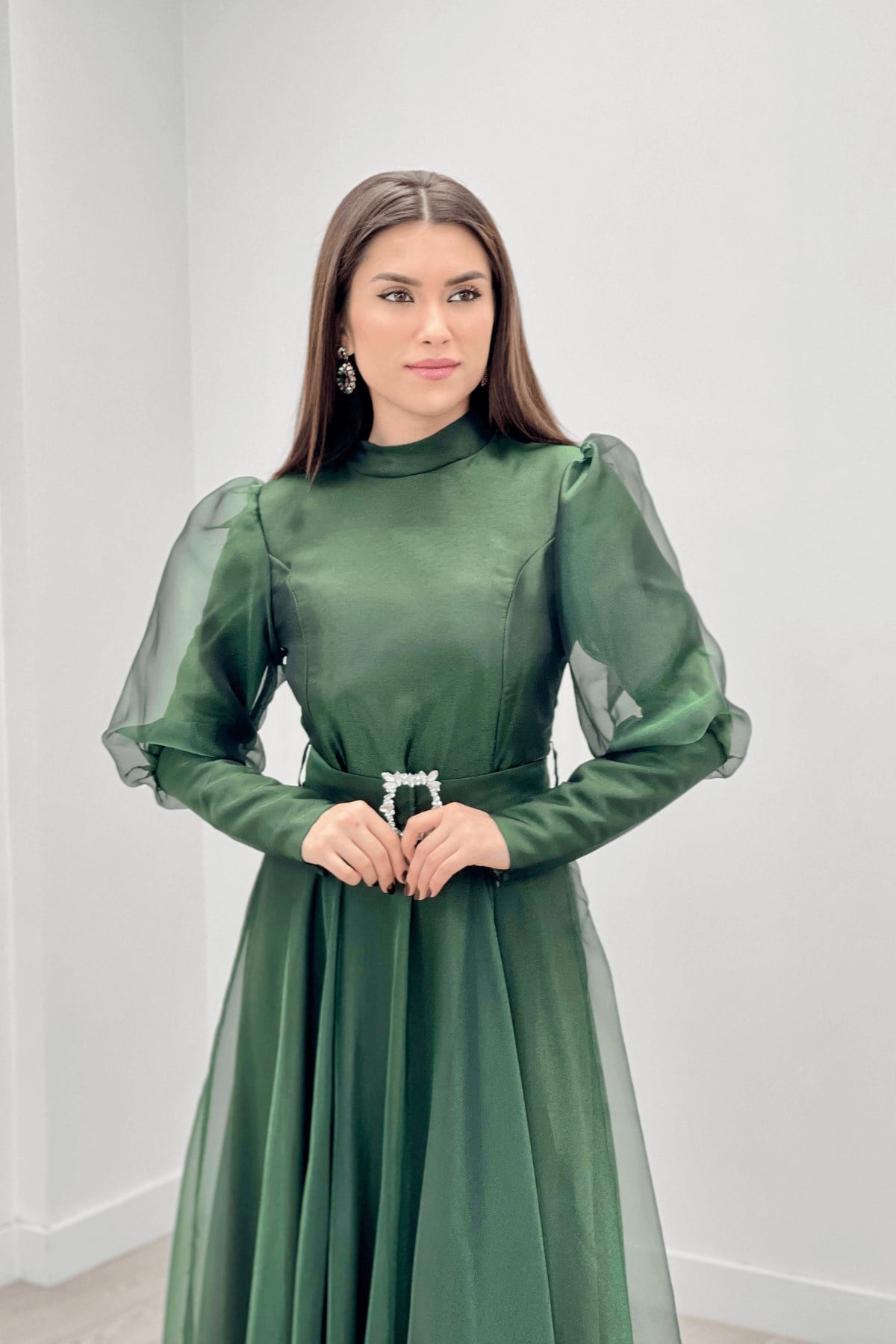Imported Organza Crepe Fabric Evening Dress - EMERALD GREEN