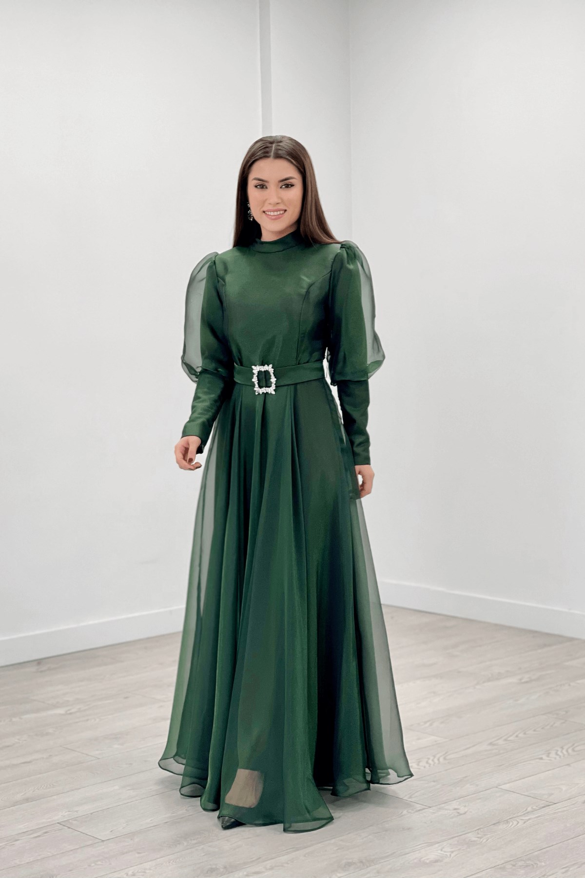 Imported Organza Crepe Fabric Evening Dress - EMERALD GREEN