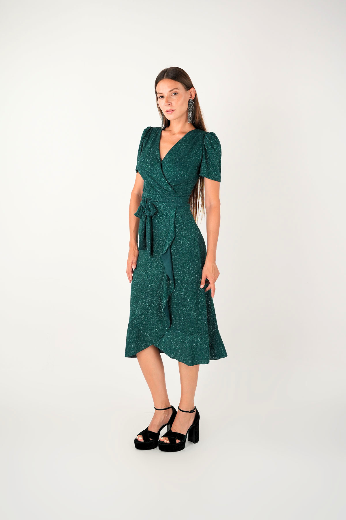 Imported Silvery Fabric Sash Detailed Midi Length Dress - Emerald Green