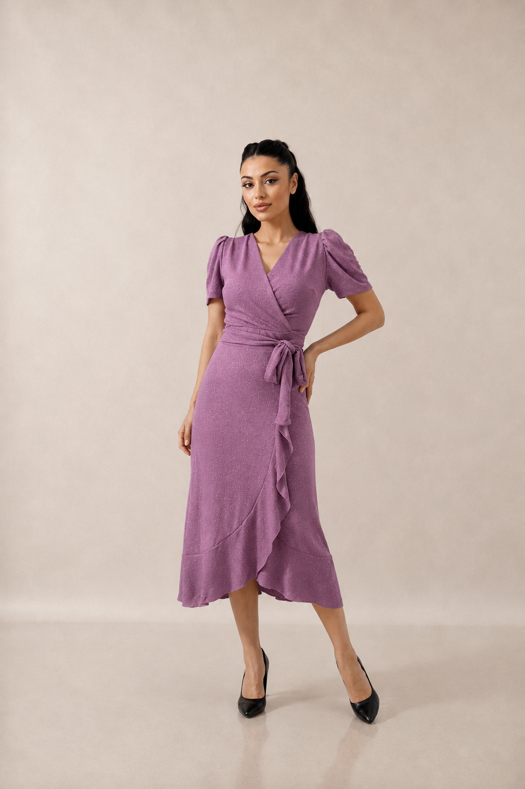 Imported Silvery Fabric Sash Detailed Midi Length Dress - Powder