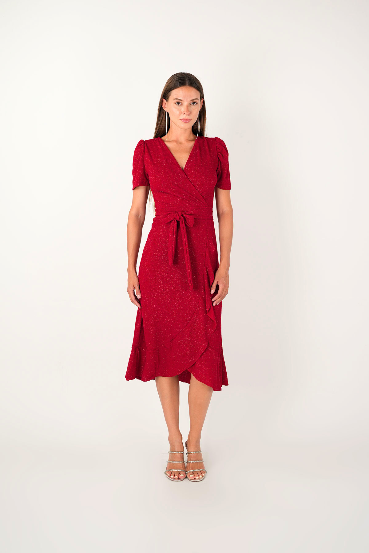 Imported Silvery Fabric Sash Detailed Midi Length Dress - Red