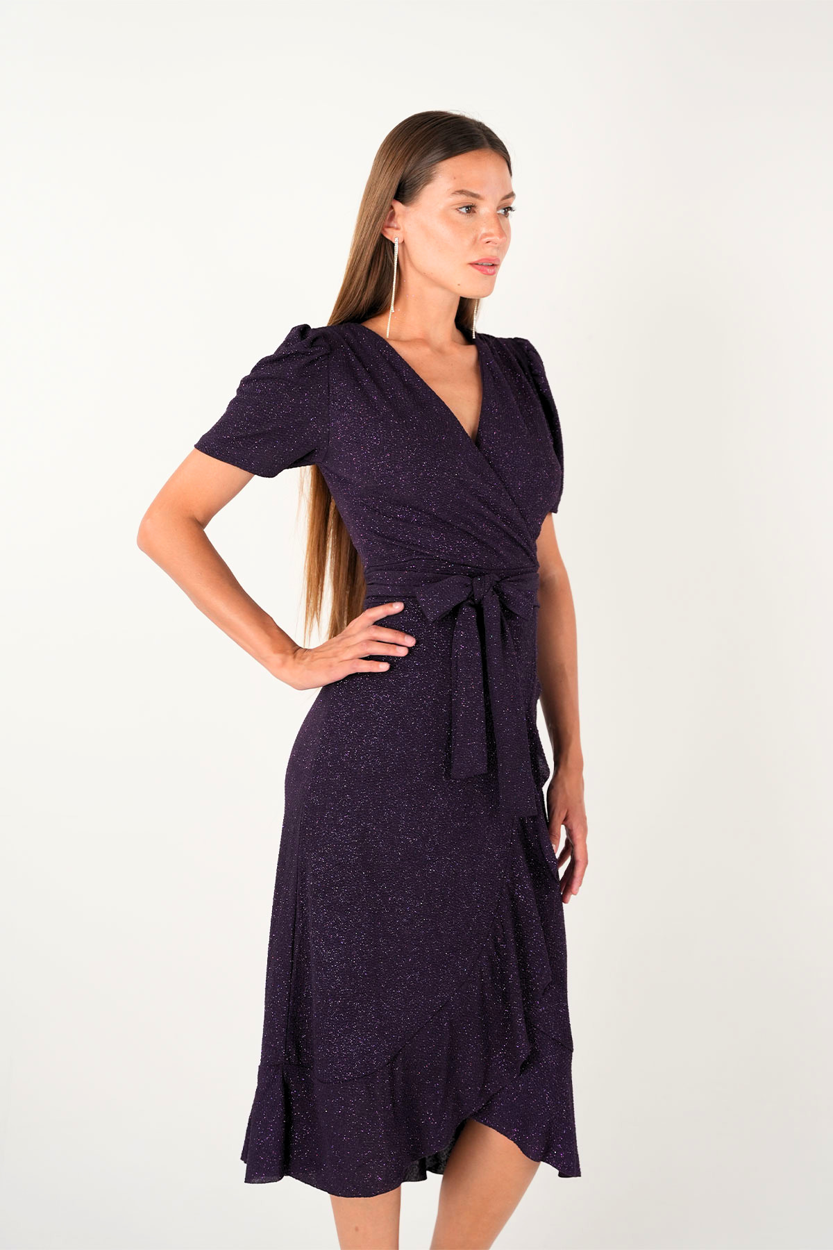 Imported Silvery Fabric Sash Detailed Midi Length Dress - Eggplant Color
