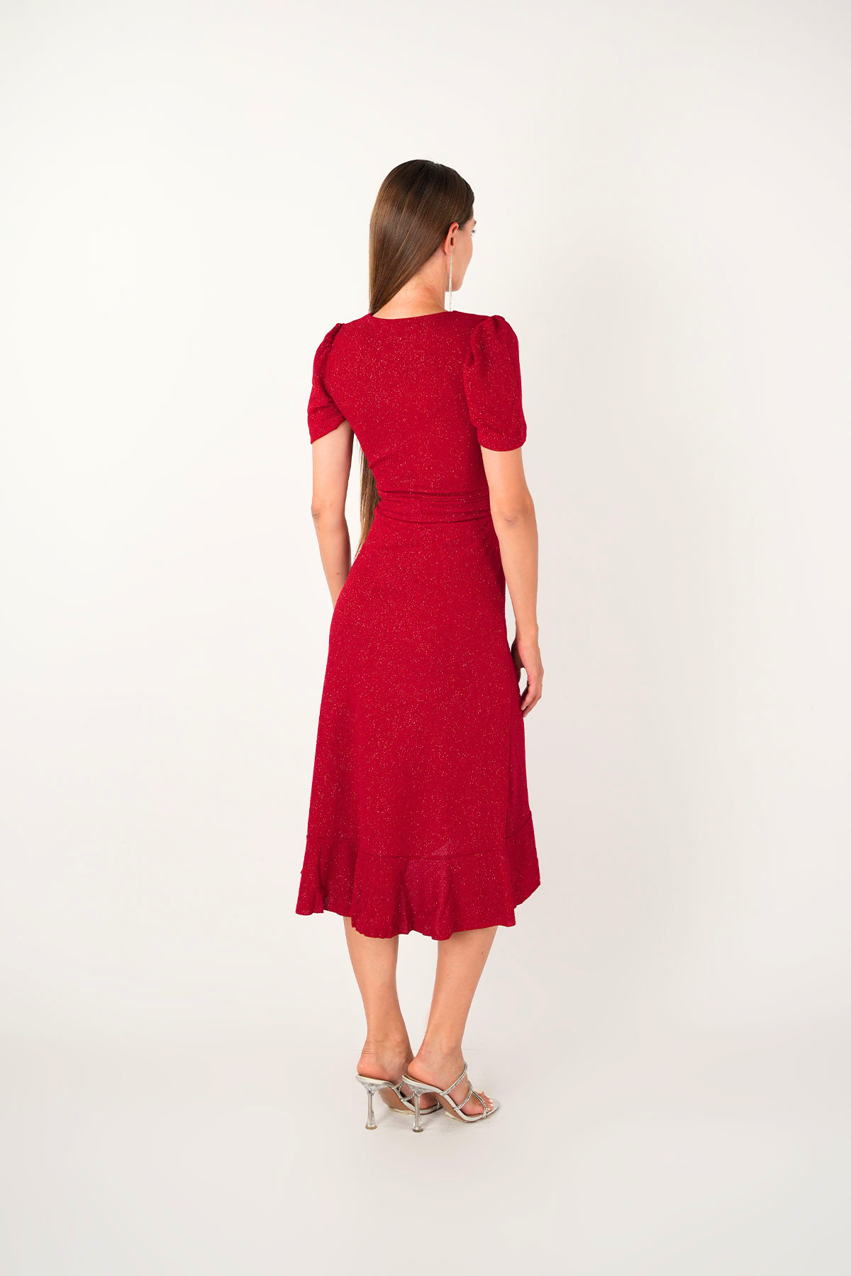 Imported Silvery Fabric Sash Detailed Midi Length Dress - Red
