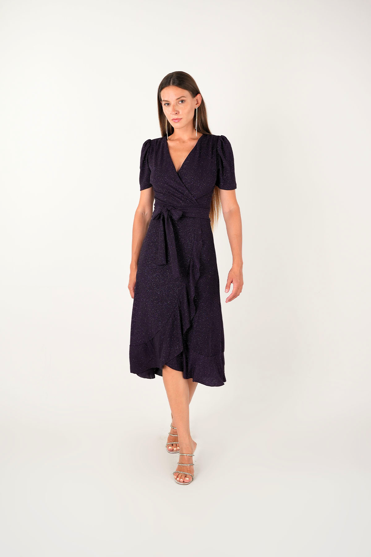Imported Silvery Fabric Sash Detailed Midi Length Dress - Eggplant Color