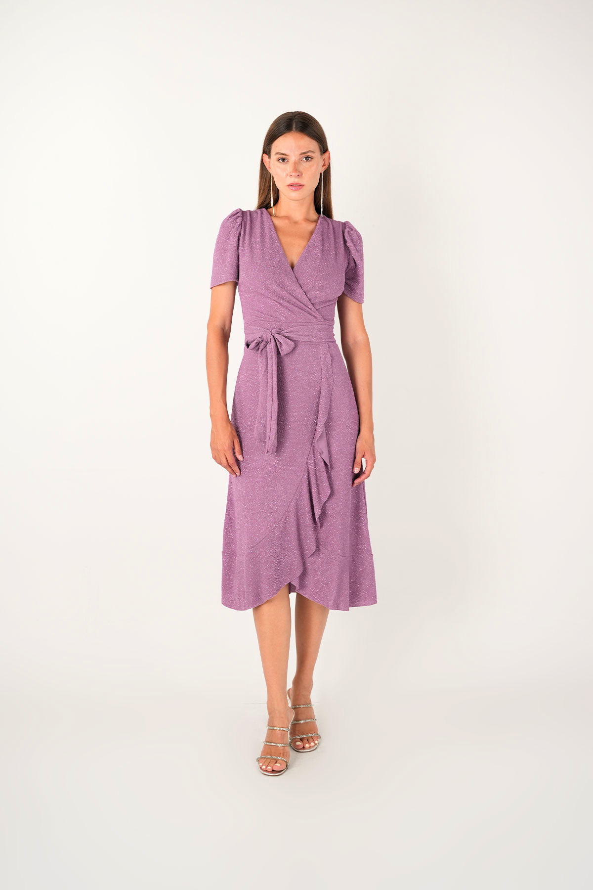 Imported Silvery Fabric Sash Detailed Midi Length Dress - Powder