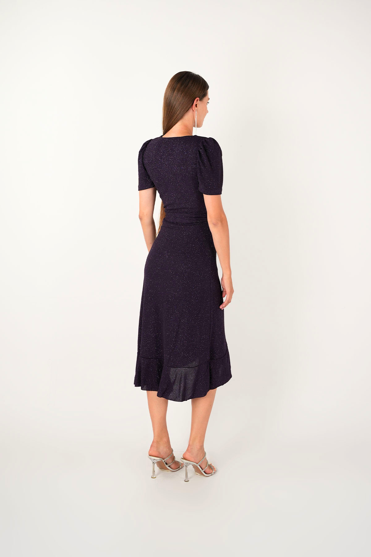 Imported Silvery Fabric Sash Detailed Midi Length Dress - Eggplant Color
