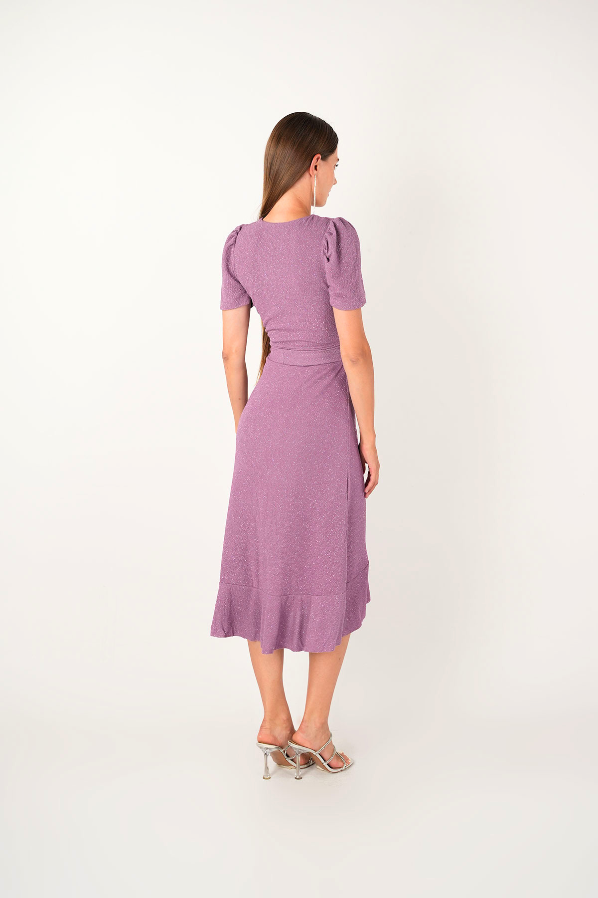 Imported Silvery Fabric Sash Detailed Midi Length Dress - Powder