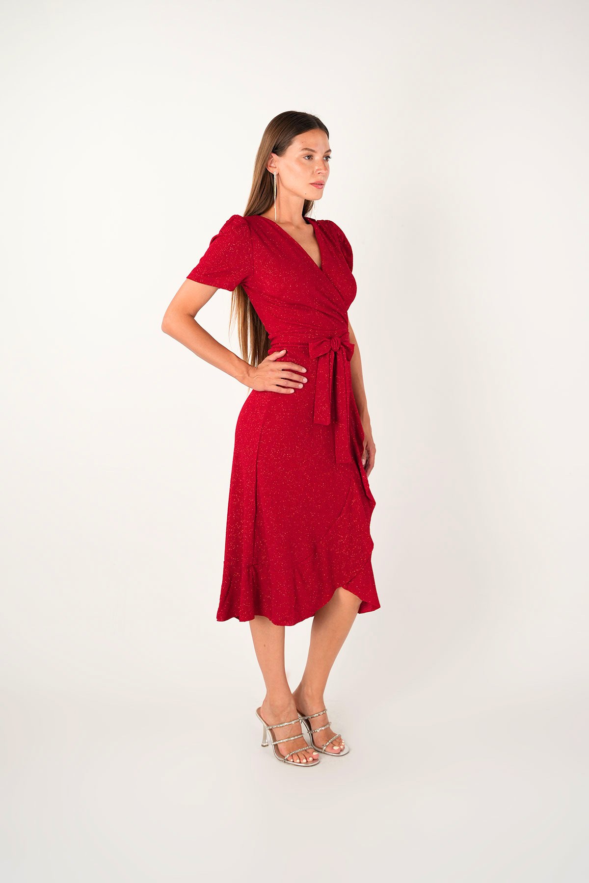 Imported Silvery Fabric Sash Detailed Midi Length Dress - Red