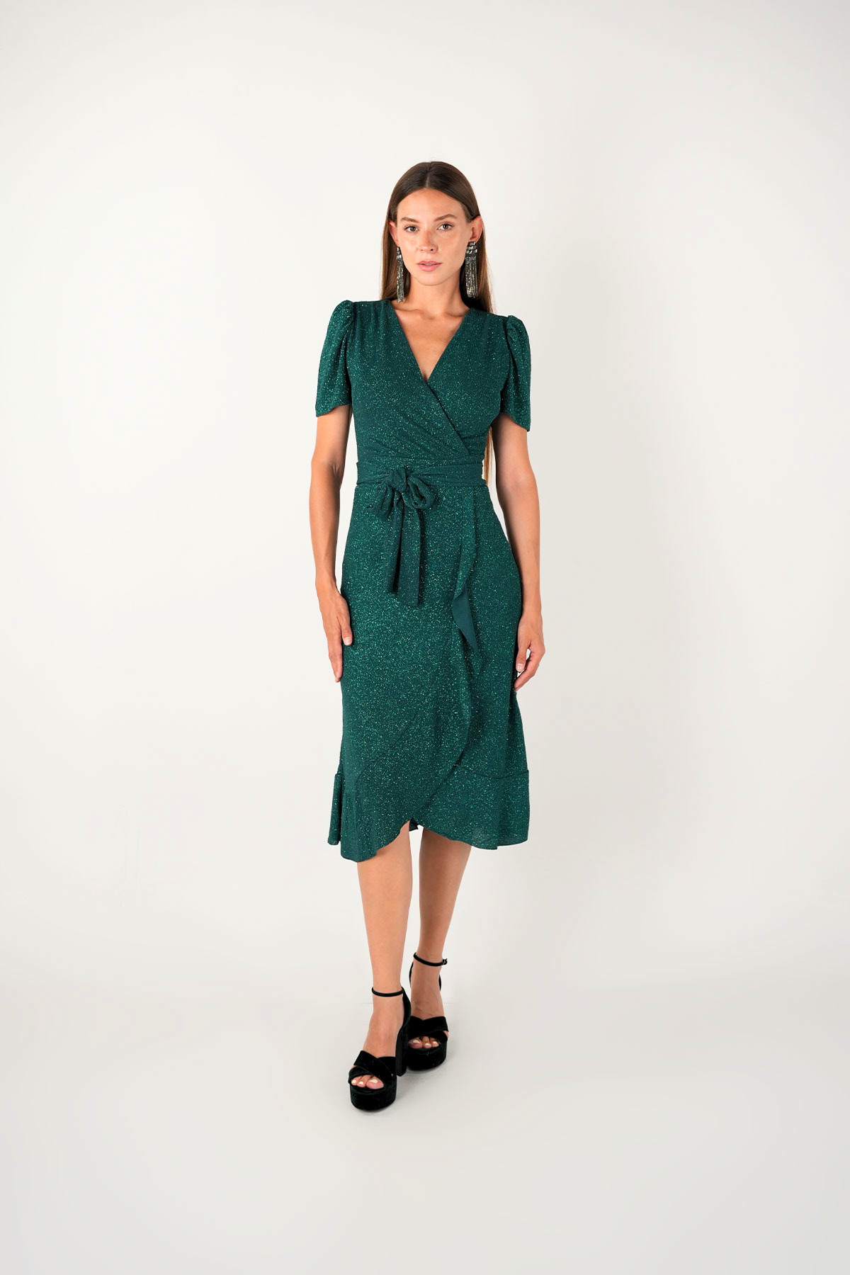 Imported Silvery Fabric Sash Detailed Midi Length Dress - Emerald Green