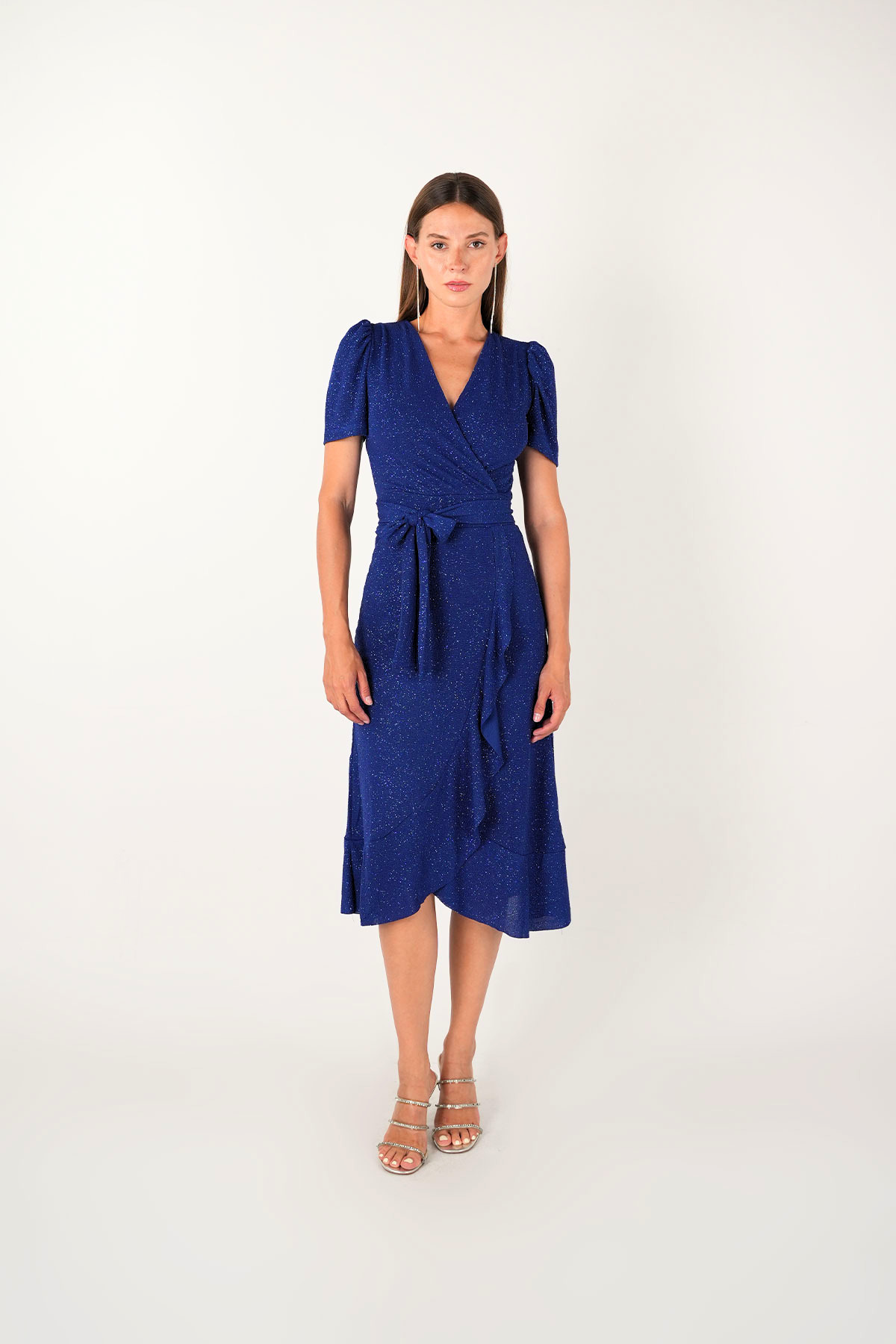 Imported Silvery Fabric Sash Detailed Midi Length Dress - Sax Blue