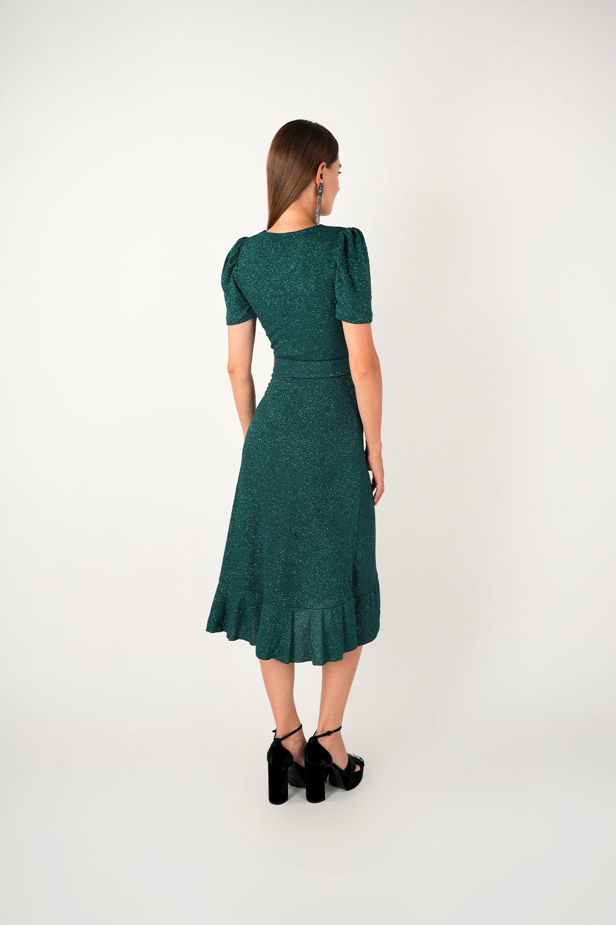 Imported Silvery Fabric Sash Detailed Midi Length Dress - Emerald Green