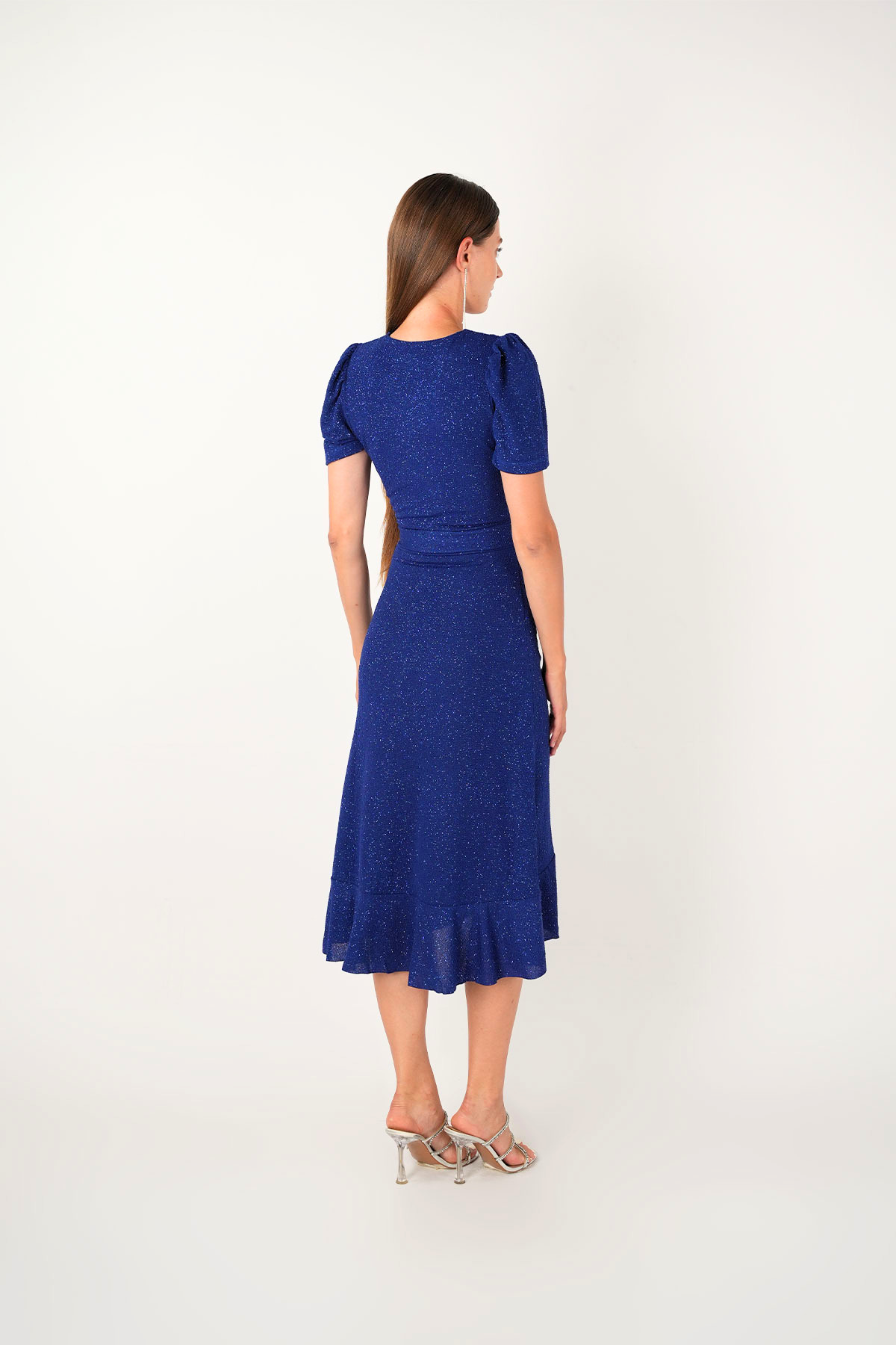 Imported Silvery Fabric Sash Detailed Midi Length Dress - Sax Blue