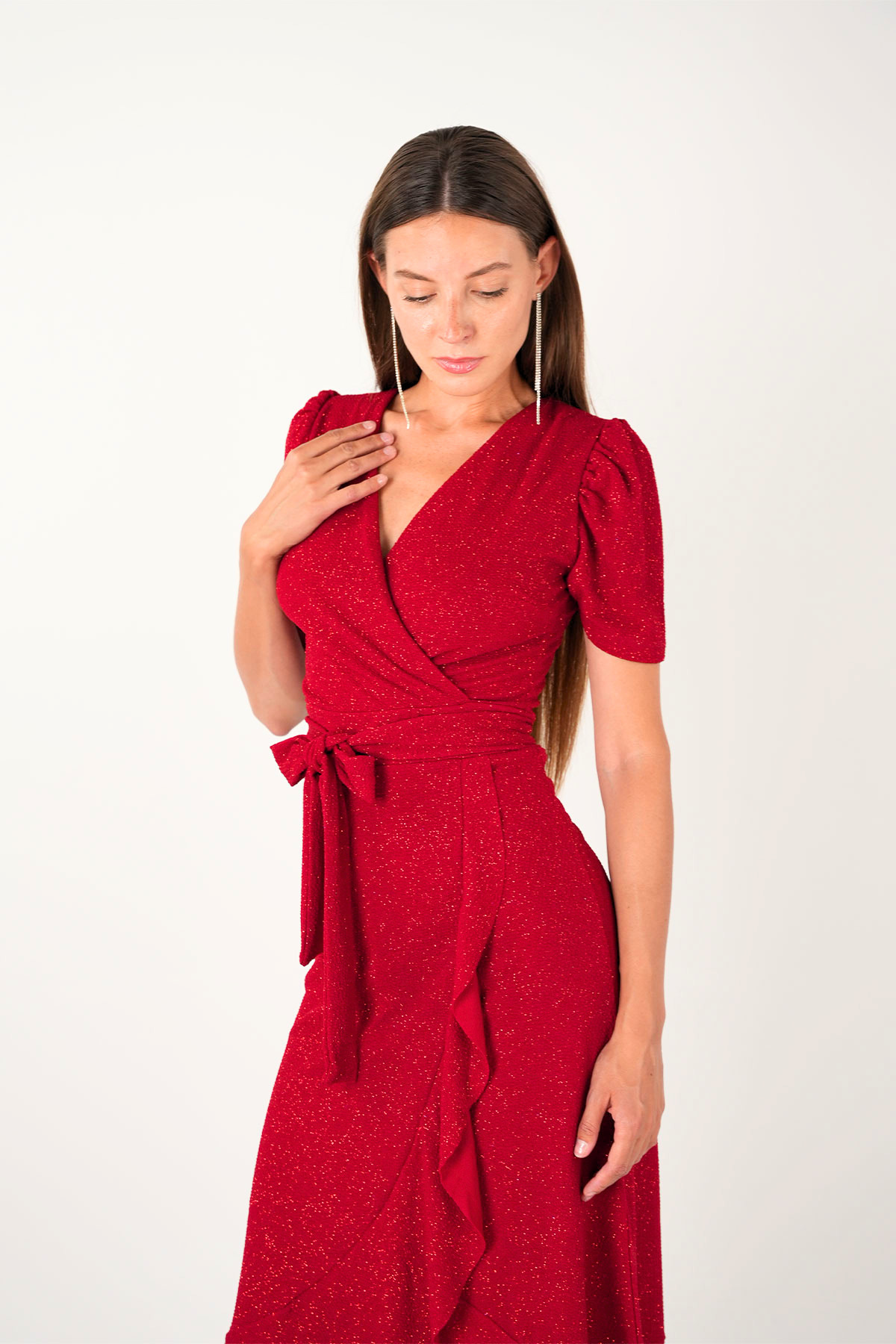 Imported Silvery Fabric Sash Detailed Midi Length Dress - Red