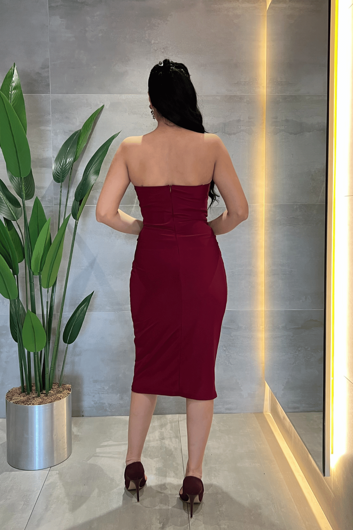 Jarse Kumaş Düğüm Straplez Detaylı Kalem Elbise - BORDO