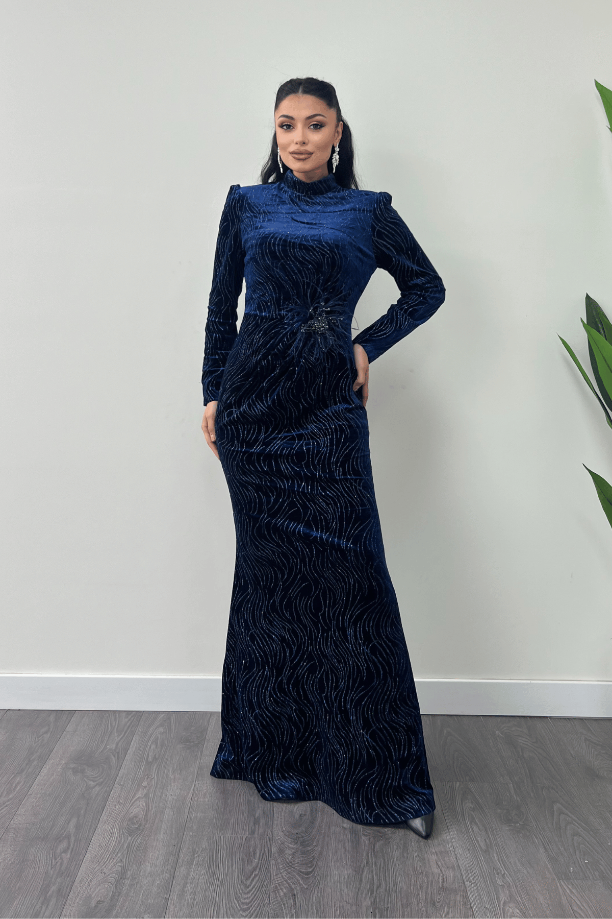 Kadife Kumaş Sim Baskılı Abiye Elbise - LACİVERT