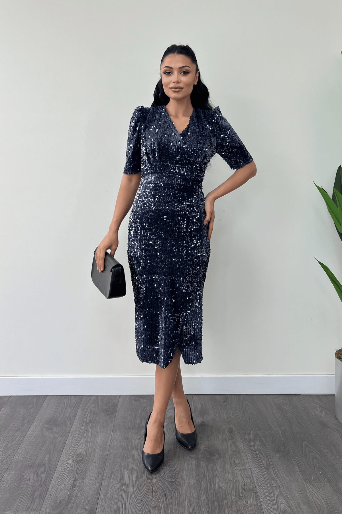 Velvet Sequin Jacket Dress - Navy Blue