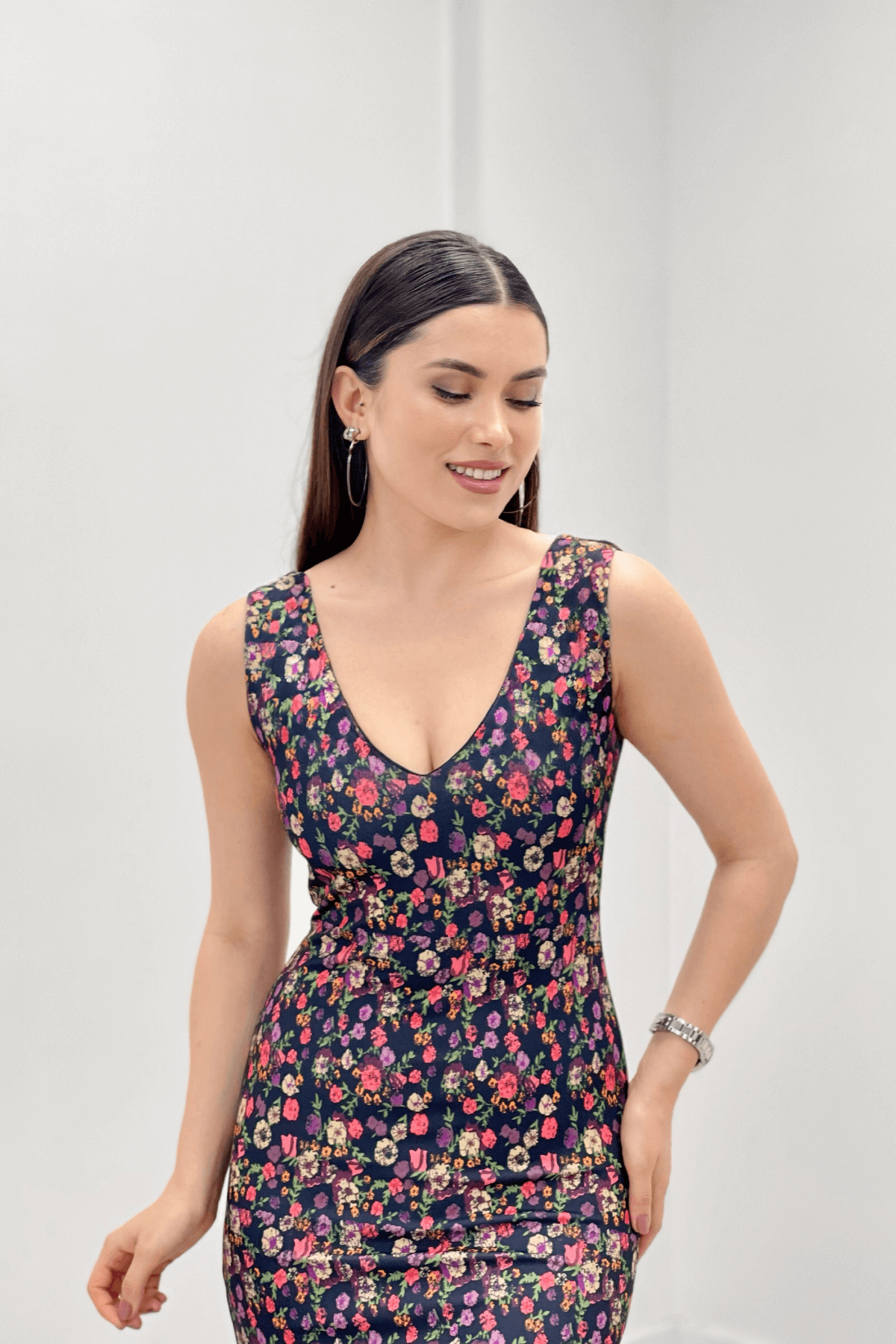 Kalın Askı Desenli Elbise - Siyah