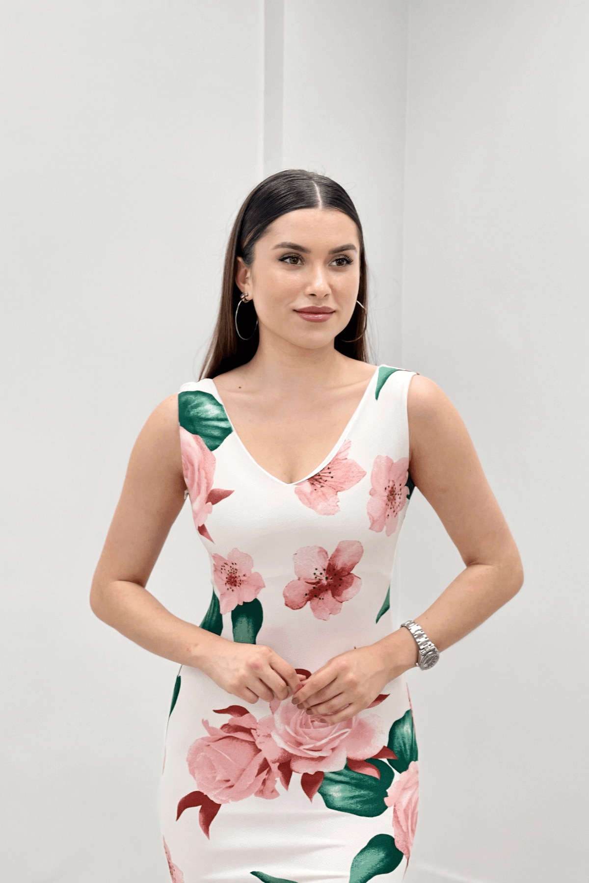 Thick Strap Rose Figured Dress - White