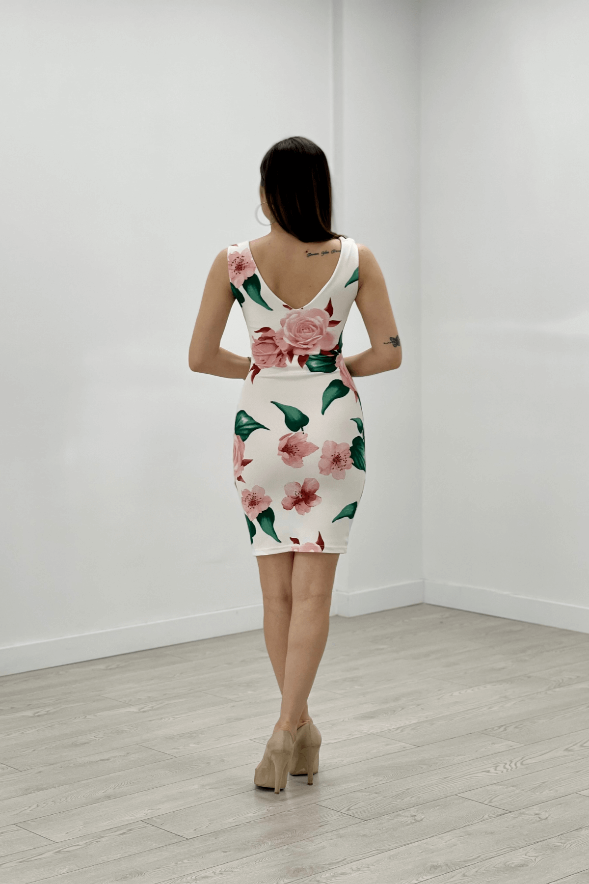 Thick Strap Rose Figured Dress - White