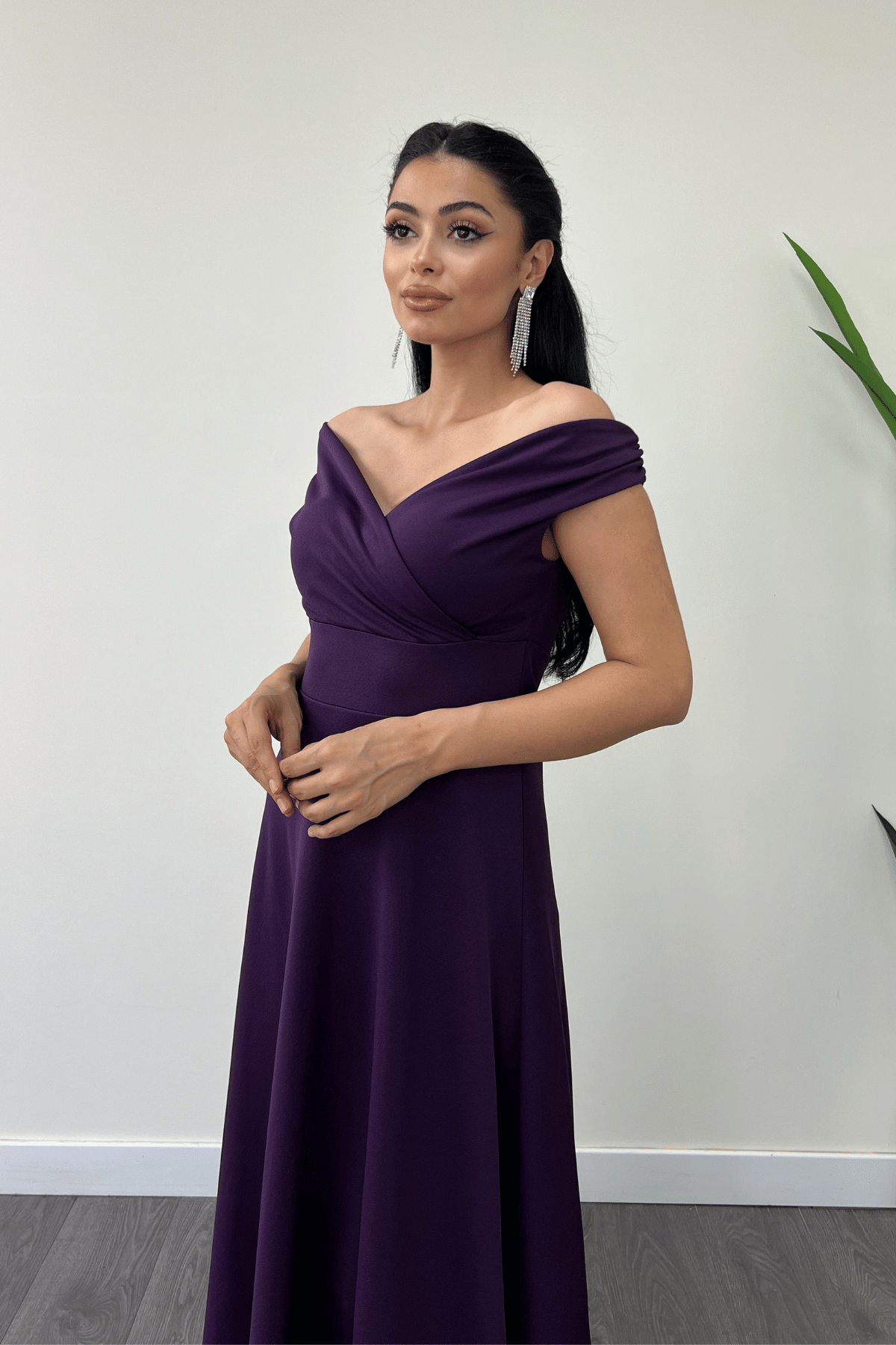 Boat Neck Flared  Dress - Eggplant Color
