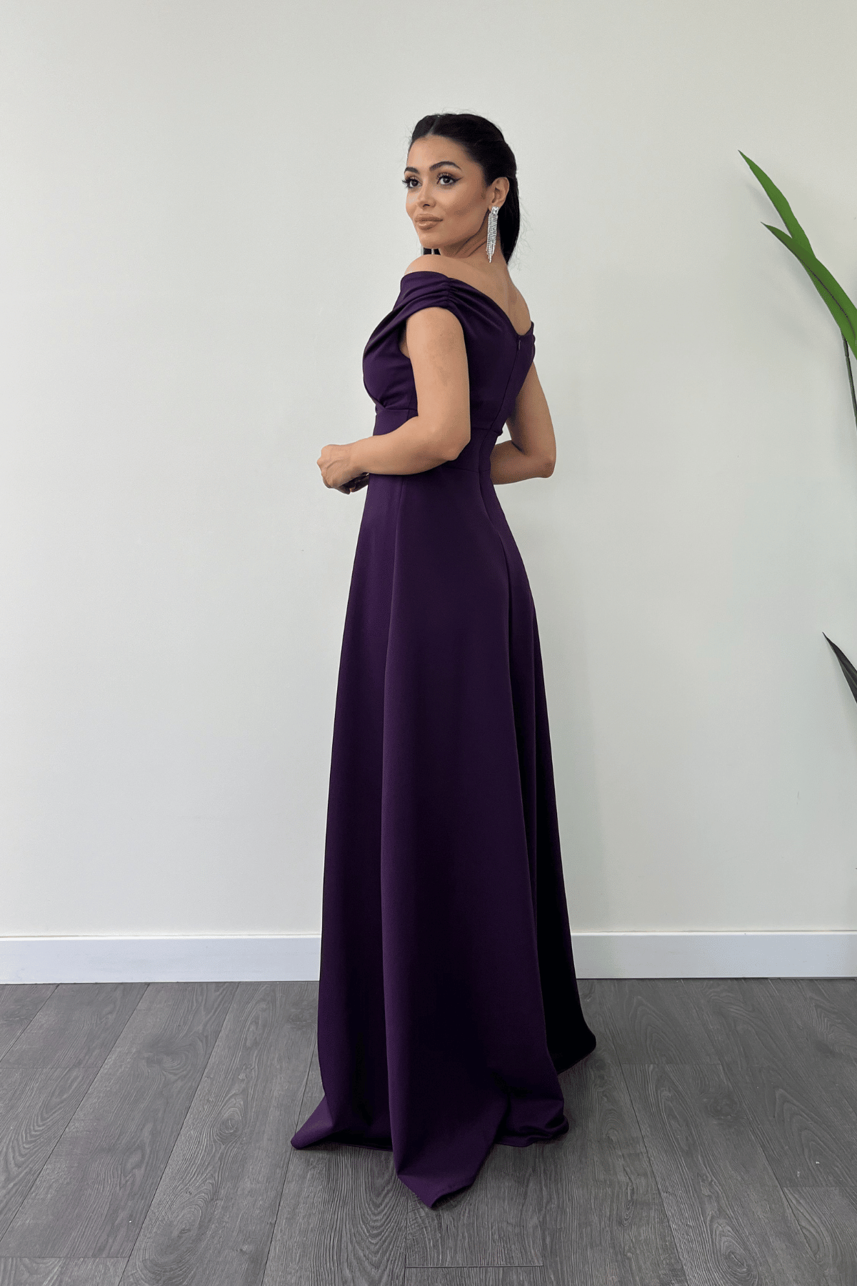 Boat Neck Flared  Dress - Eggplant Color