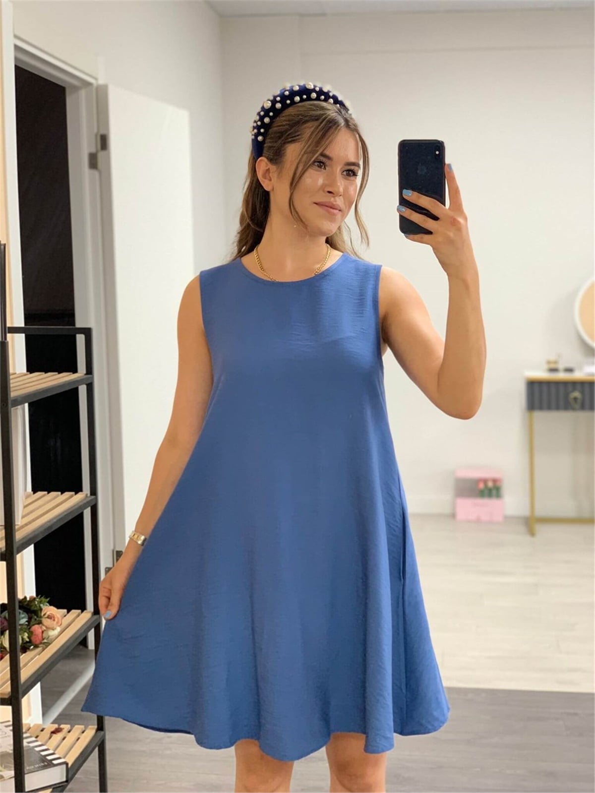 Linen Fabric Pocket Dress - Blue