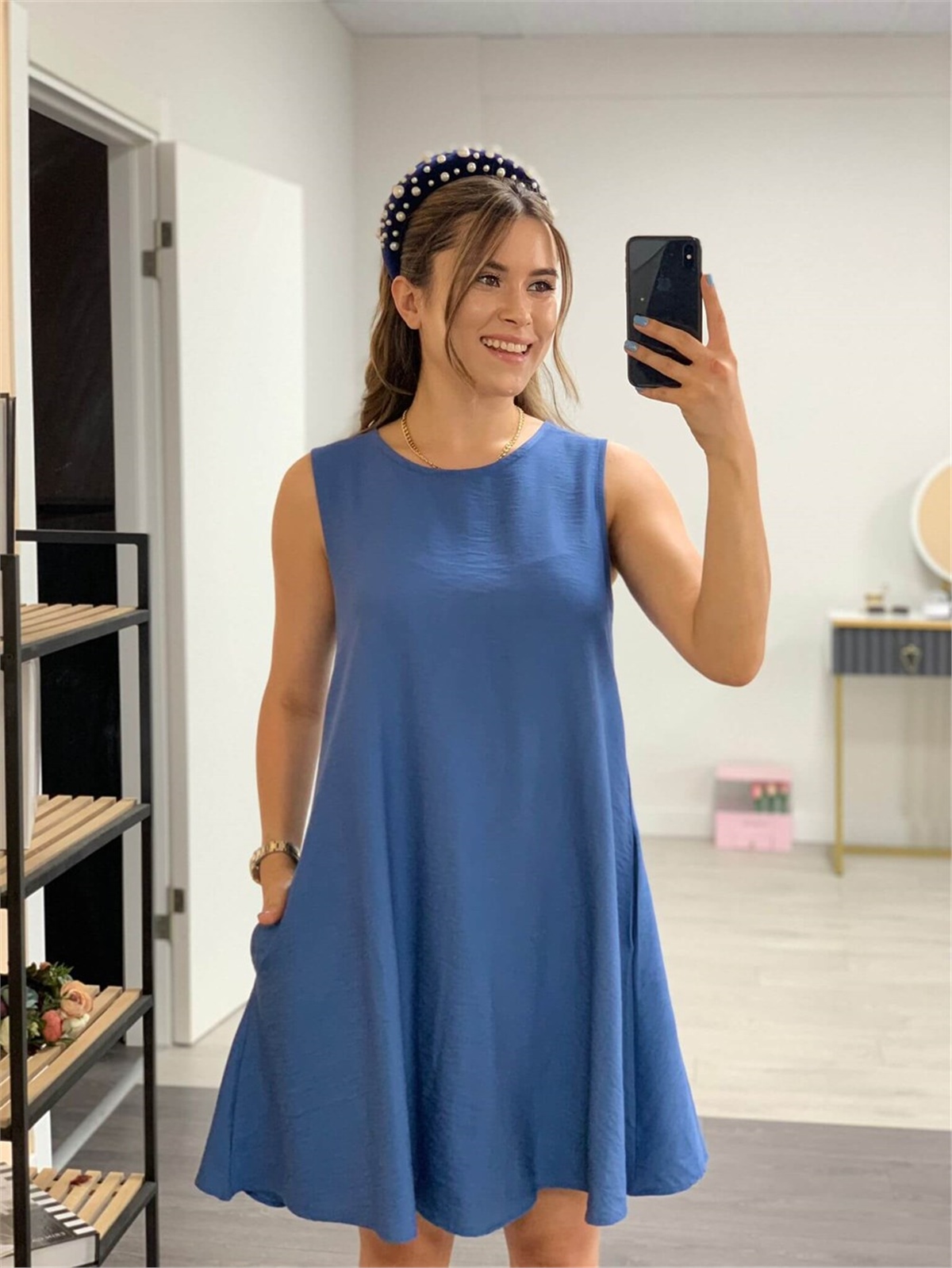 Linen Fabric Pocket Dress - Blue