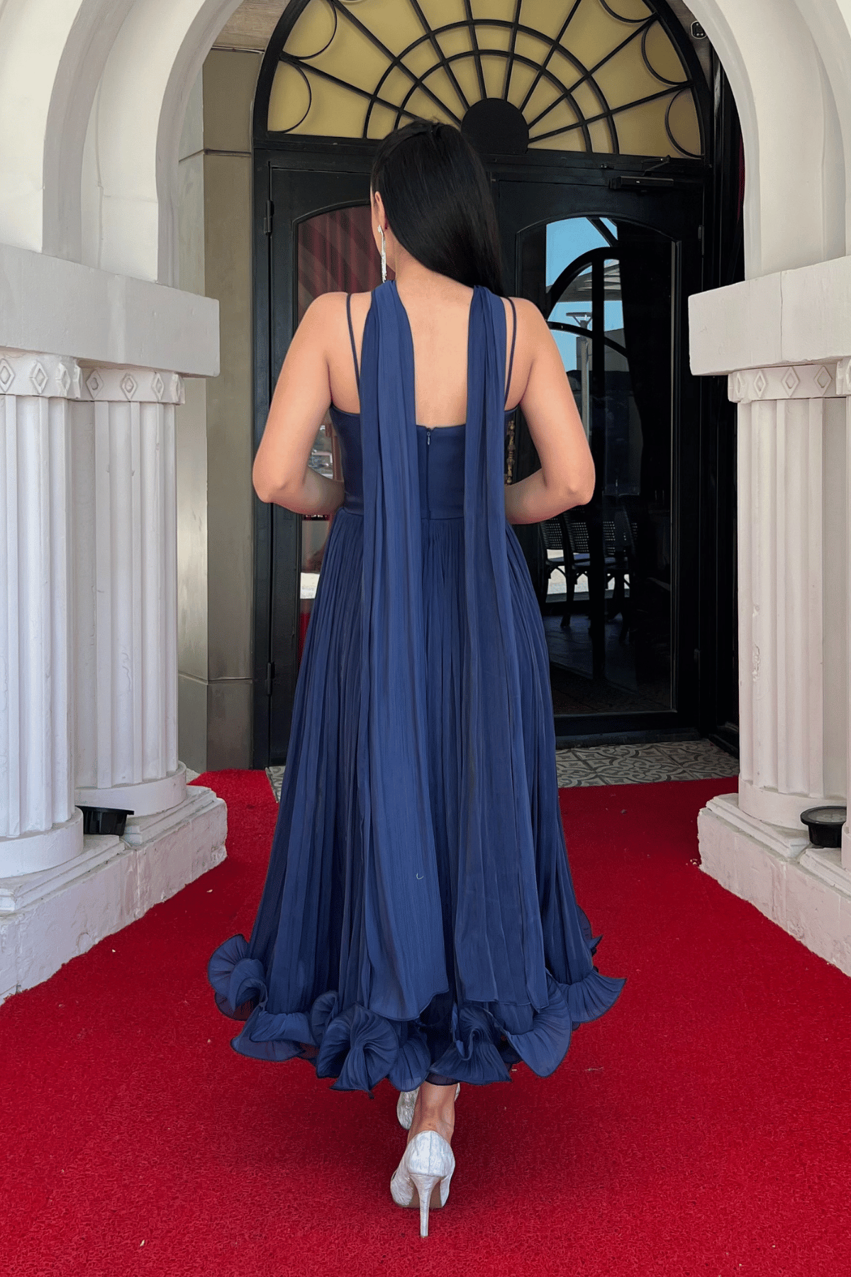 Kırinkıl Saten Kumaş Askılı Midi Boy Elbise - LACİVERT