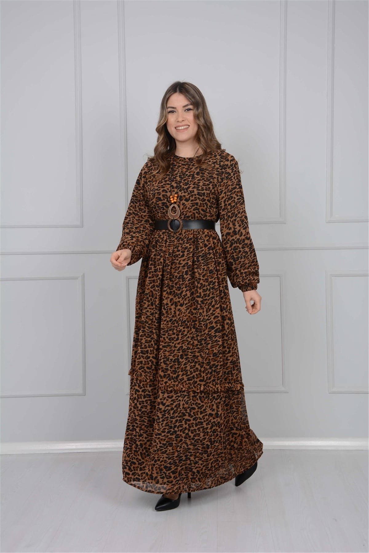 Necklace Detailed Leopard Dress - Brown