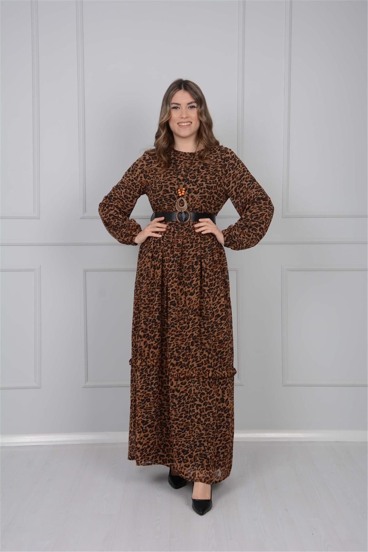 Necklace Detailed Leopard Dress - Brown