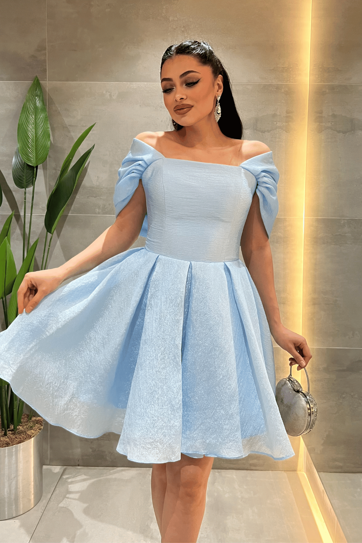Kraşlı Kumaş Kayık Yaka Mini Elbise - BEBE MAVİSİ