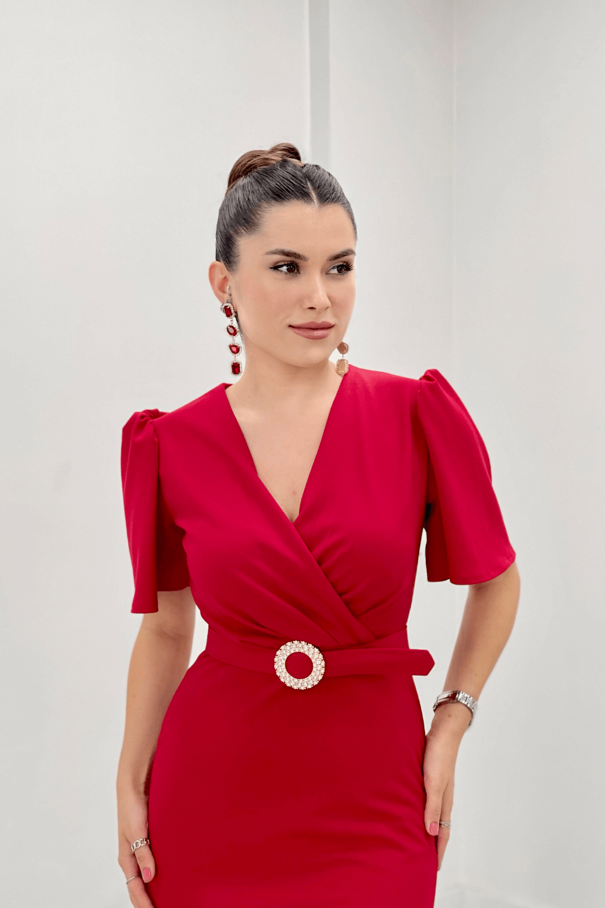 Krep Kumaş Balon Kol Kalem Abiye Elbise - KIRMIZI