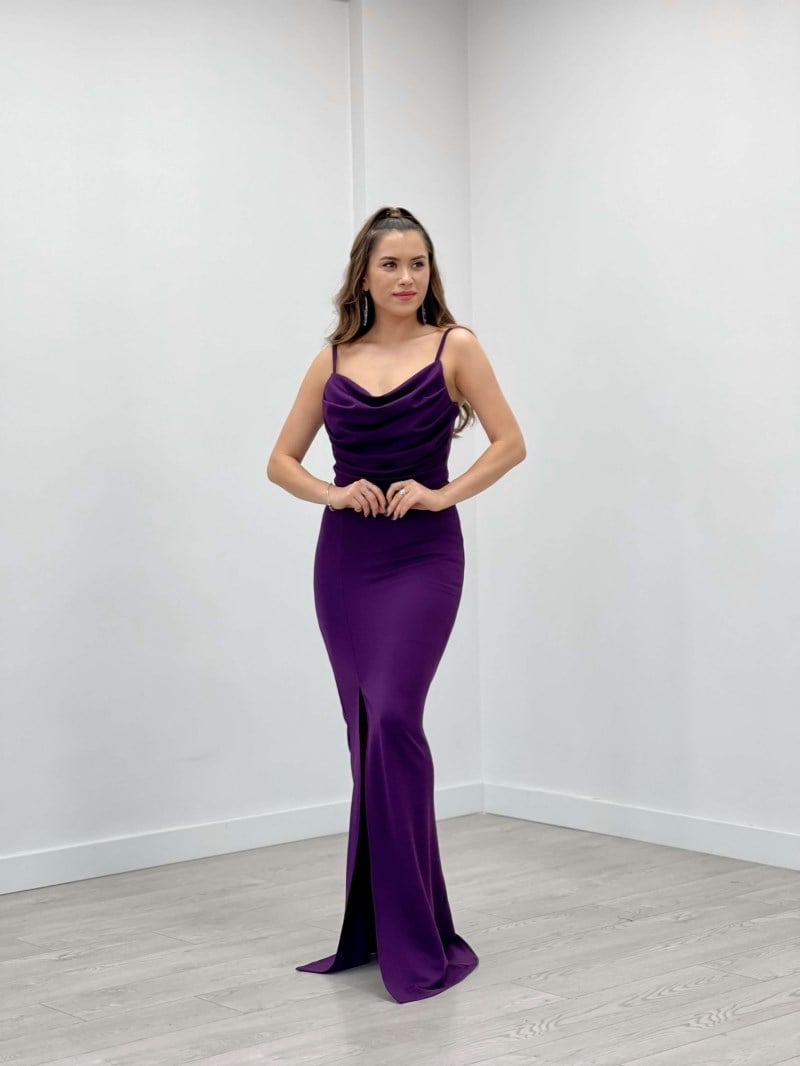 Krep Kumaş Degaje Yaka Askılı Elbise - PATLICAN MOR