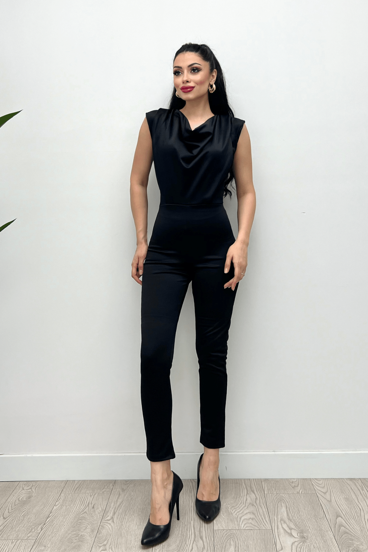 Crepe Fabric Degaje Collar Jumpsuit Black