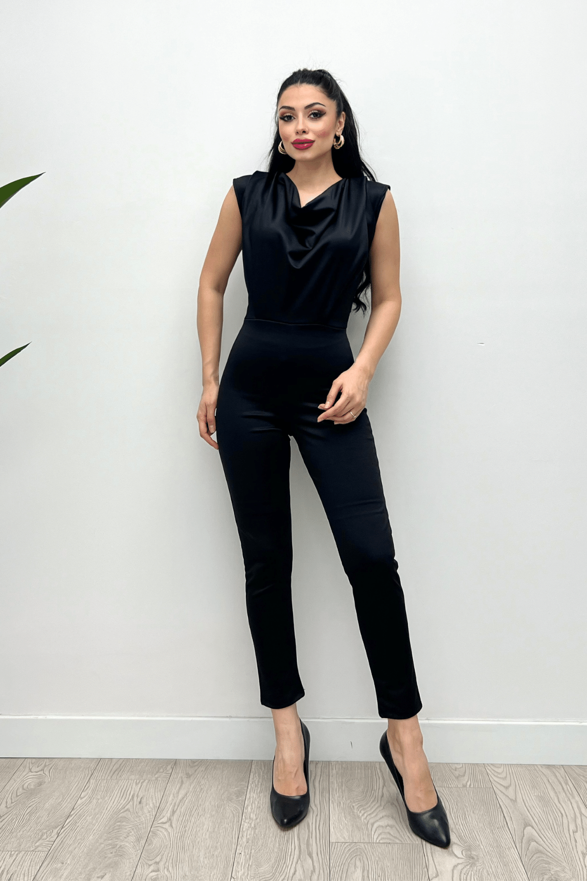 Crepe Fabric Degaje Collar Jumpsuit Black