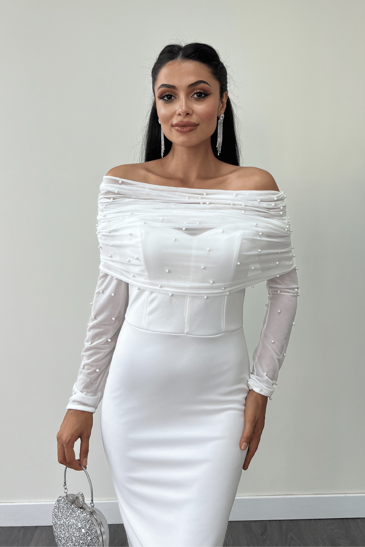Krep Kumaş İnci Bolero Detaylı Kalem Elbise - BEYAZ