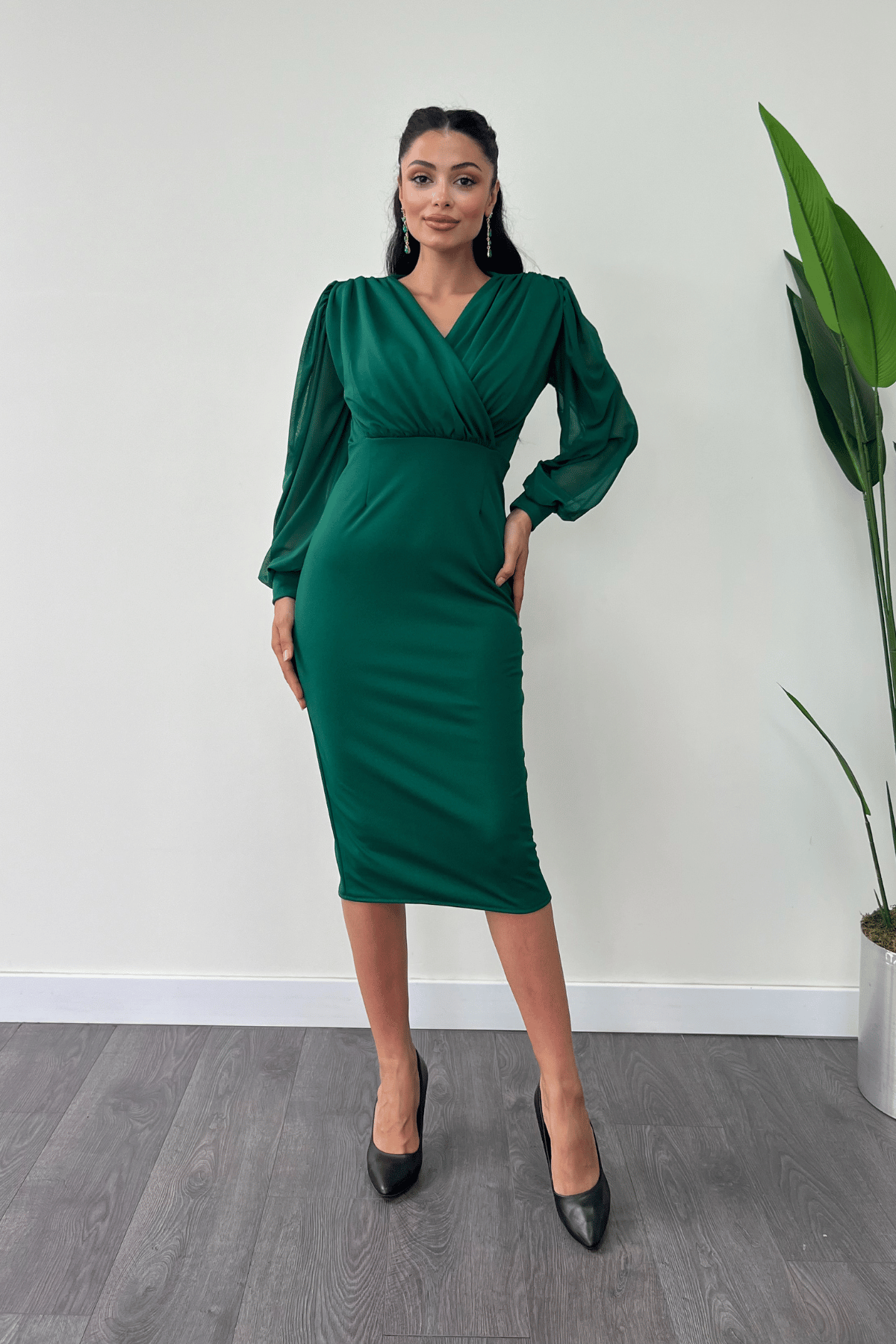 Crepe Fabric Sleeve Tulle Pencil Dress - EMERALD GREEN