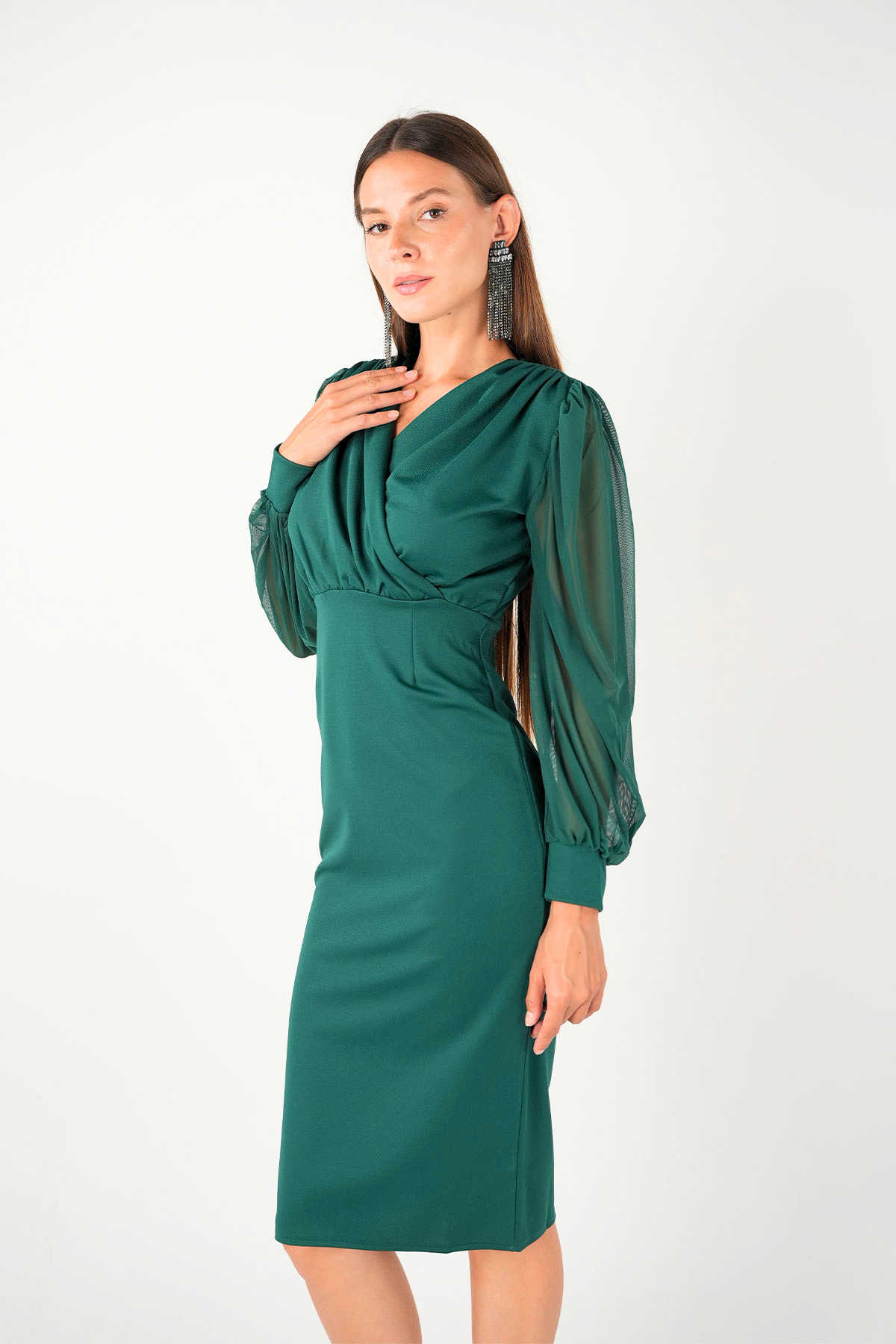 Crepe Fabric Sleeve Tulle Pencil Dress - EMERALD GREEN