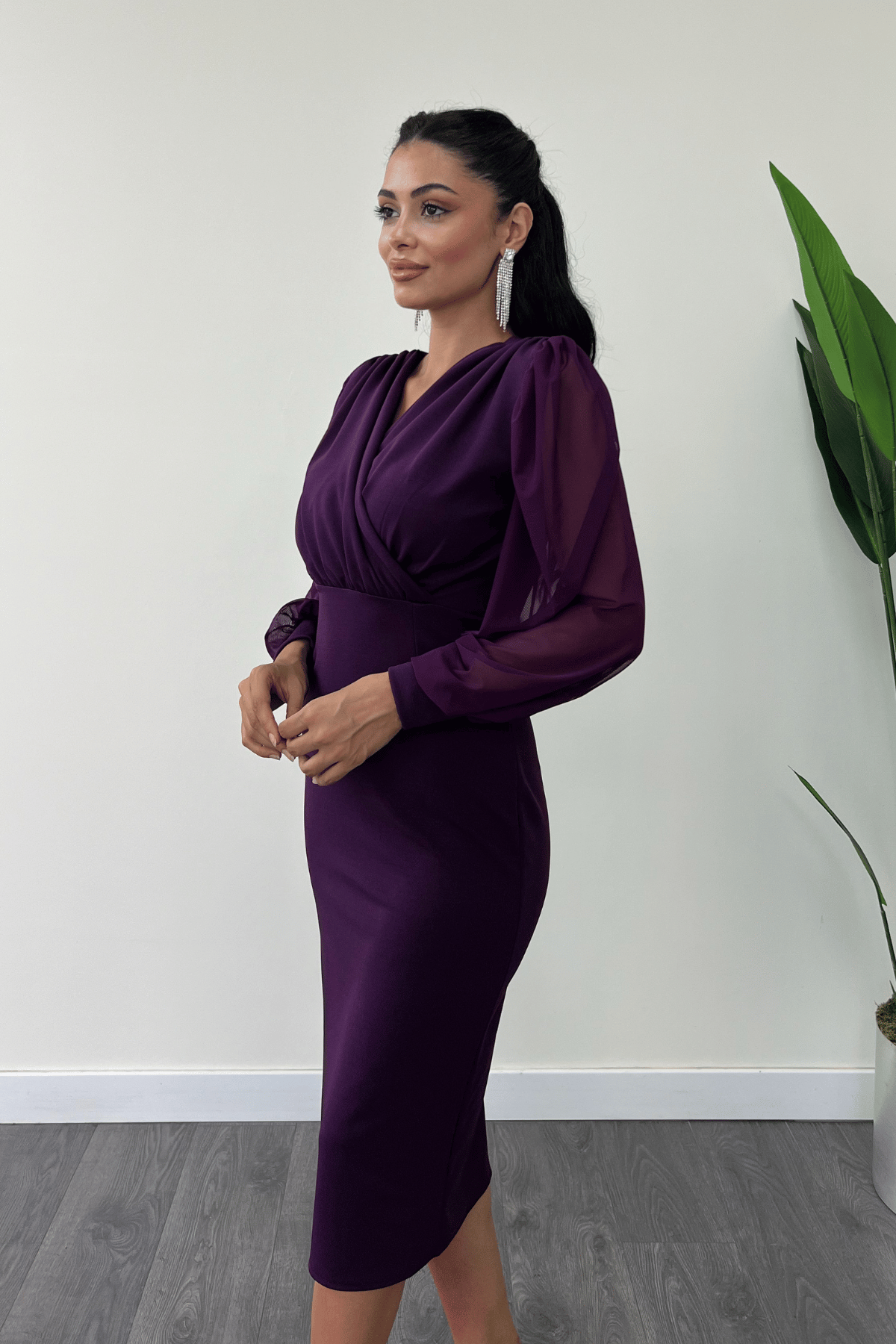 Krep Kumaş Kolları Tül Kalem Elbise - PATLICAN MOR